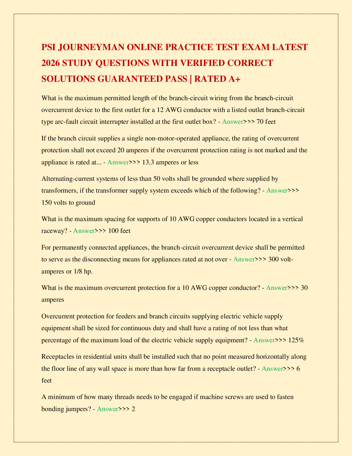 Recommended document preview for PSI JOURNEYMAN ONLINE PRACTICE TEST EXAM LATEST 2026 STUDY QUESTIONS WITH VERIFIED CORRECT SOLUTIONS GUARANTEED PASS | RATED A+