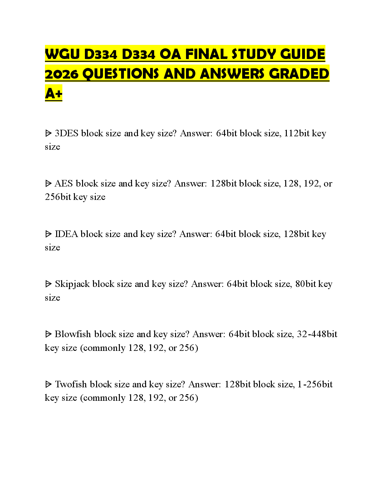 Preview of WGU D334 D334 OA FINAL STUDY GUIDE 2026 QUESTIONS AND ANSWERS GRADED A+