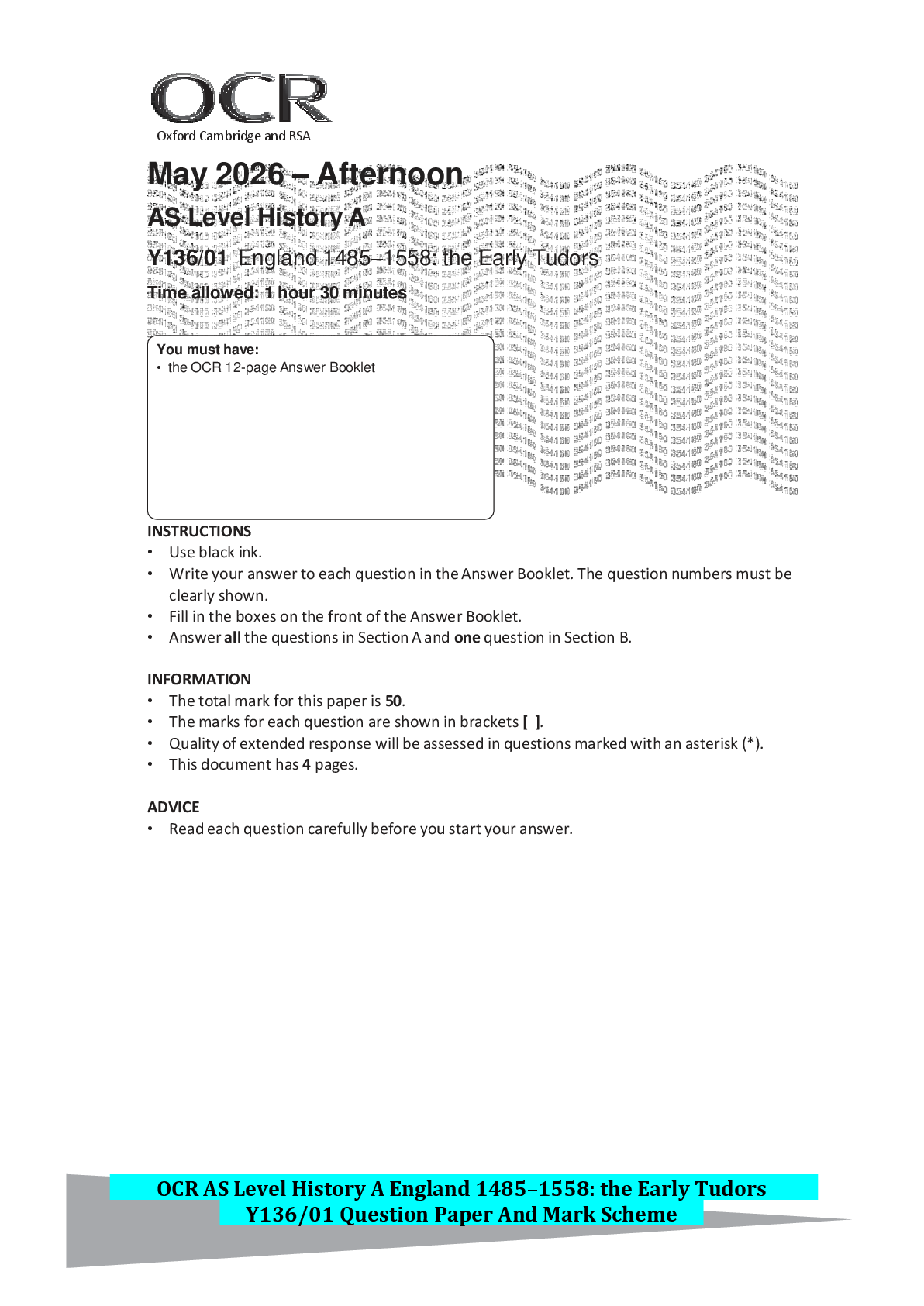 Recommended document preview for OCR AS Level History A England 1485–1558: the Early Tudors Y136/01 Question Paper And Mark Scheme