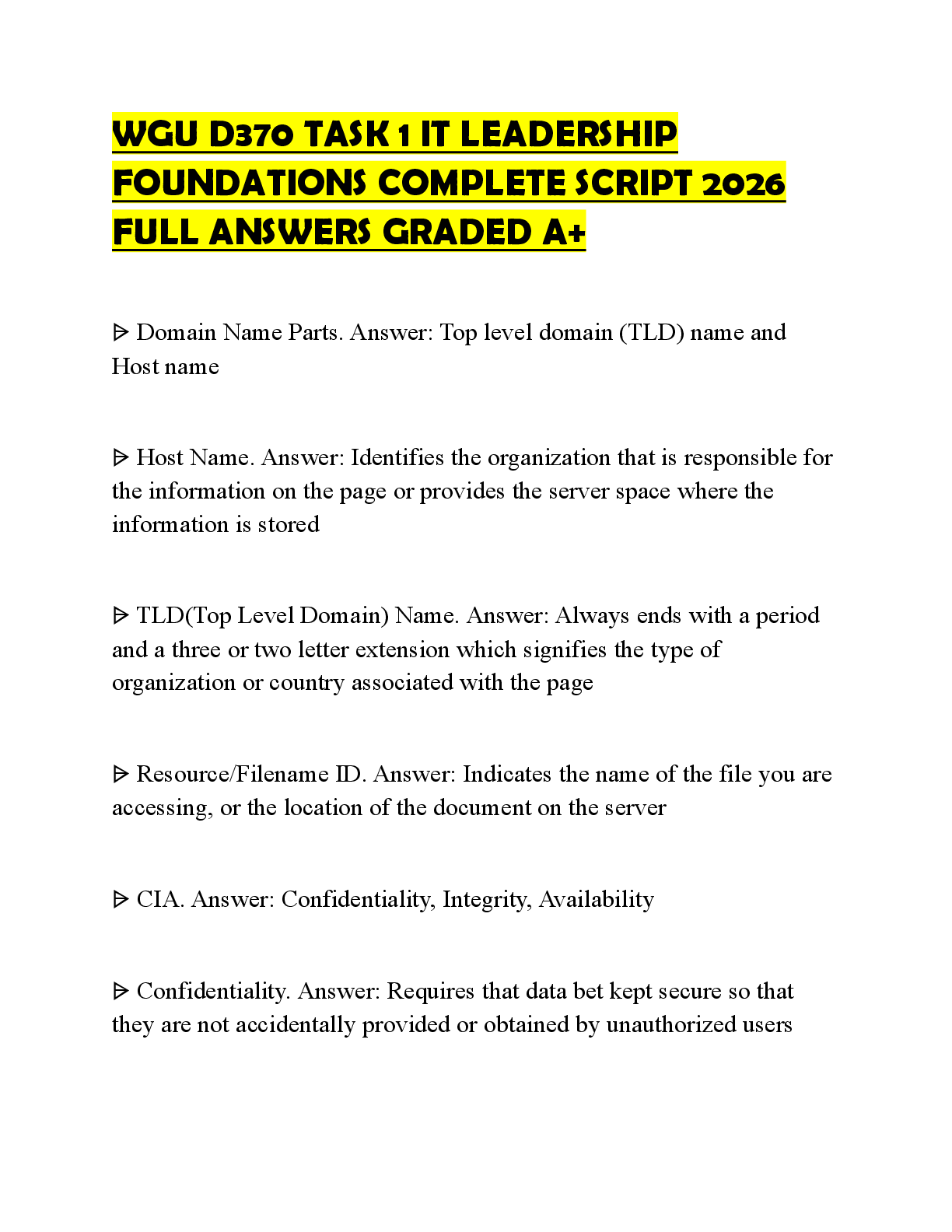 Preview of WGU D370 TASK 1 IT LEADERSHIP FOUNDATIONS COMPLETE SCRIPT 2026 FULL ANSWERS GRADED A+