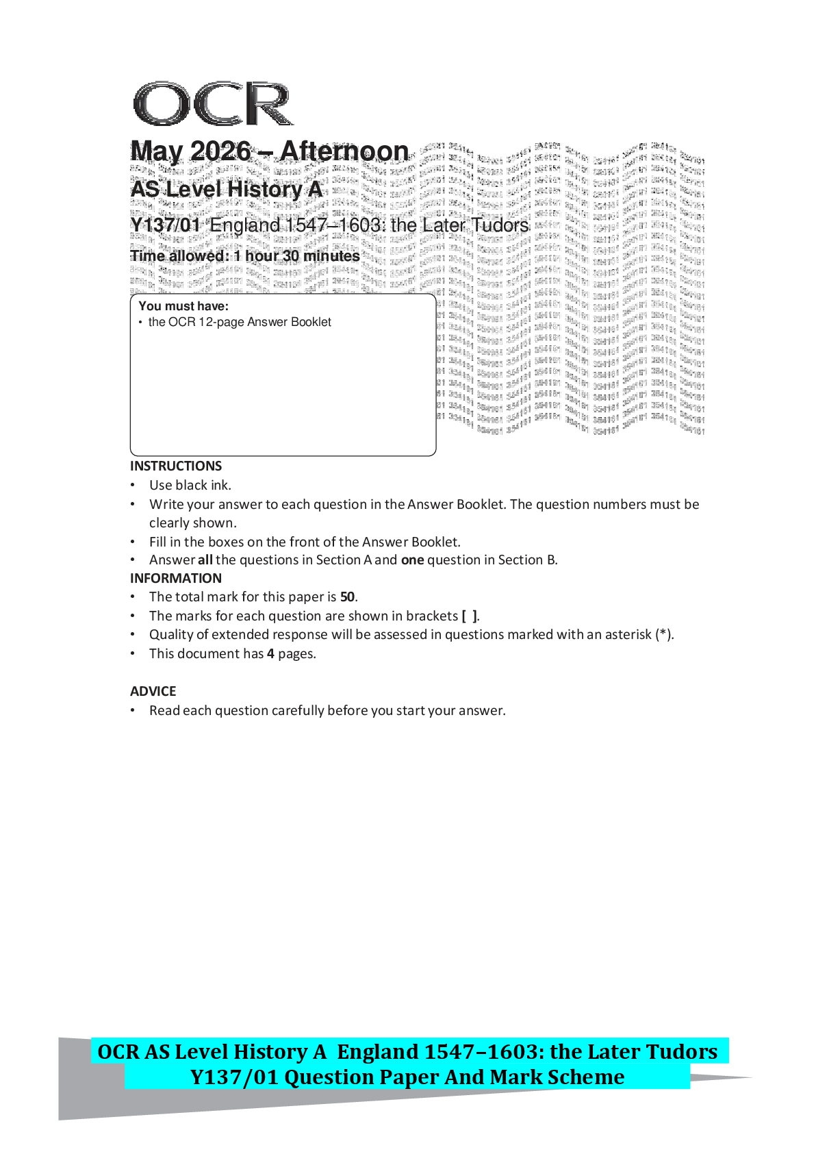 Recommended document preview for OCR AS Level History A England 1547–1603: the Later Tudors Y137/01 Question Paper And Mark Scheme