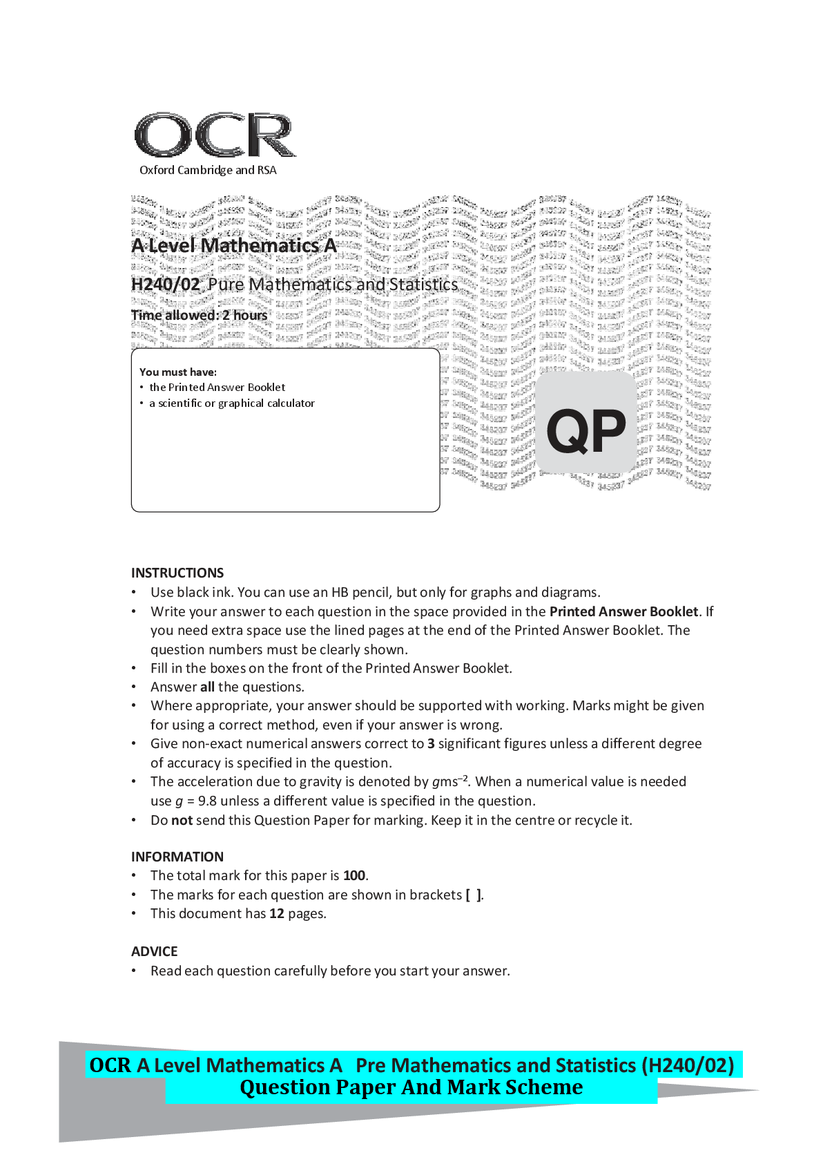 Recommended document preview for OCR A Level Mathematics A Pre Mathematics and Statistics (H240/02) Question Paper And Mark Scheme