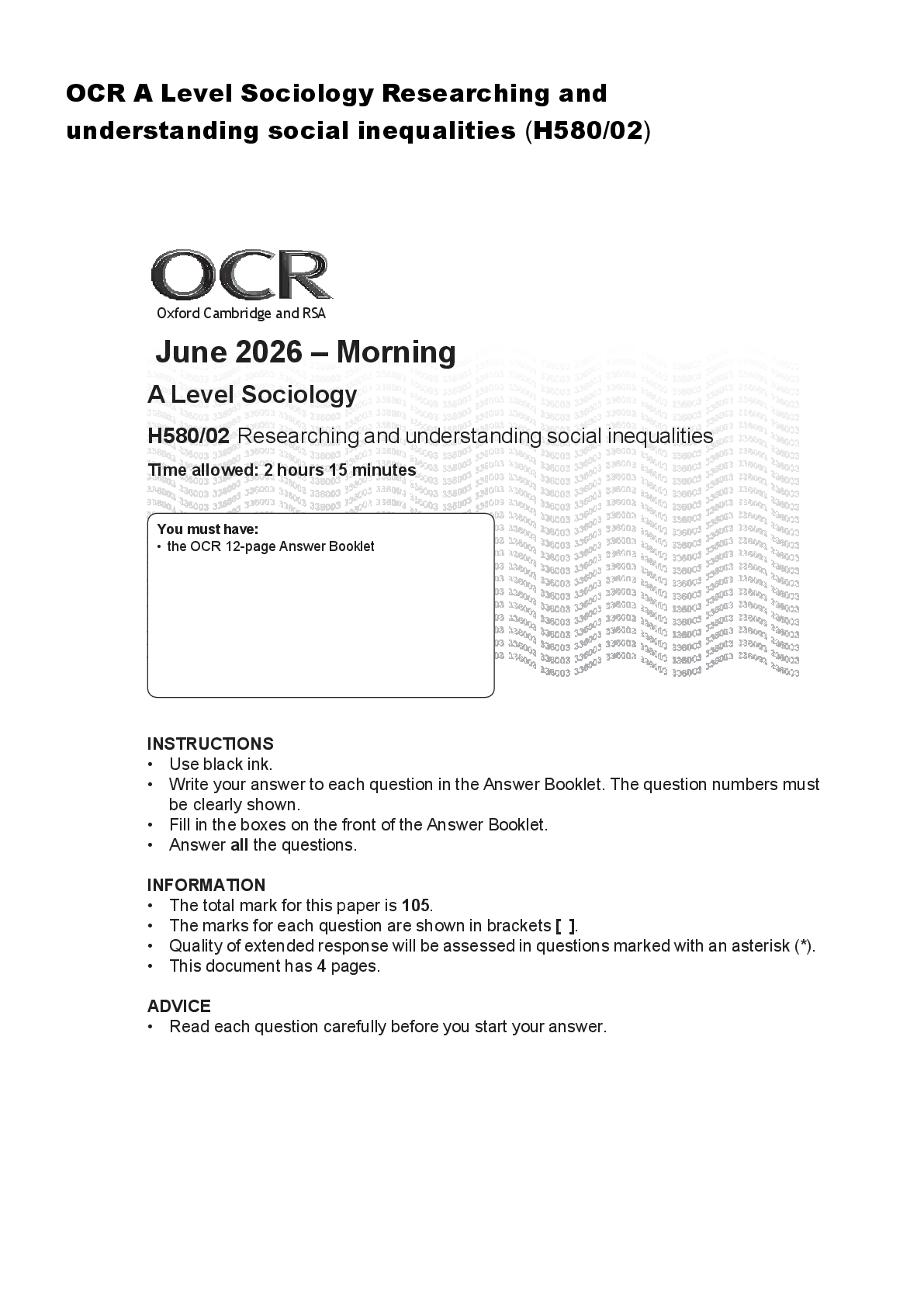 Preview image for OCR AS Level Sociology Researching and understanding social inequalities (H180/02)