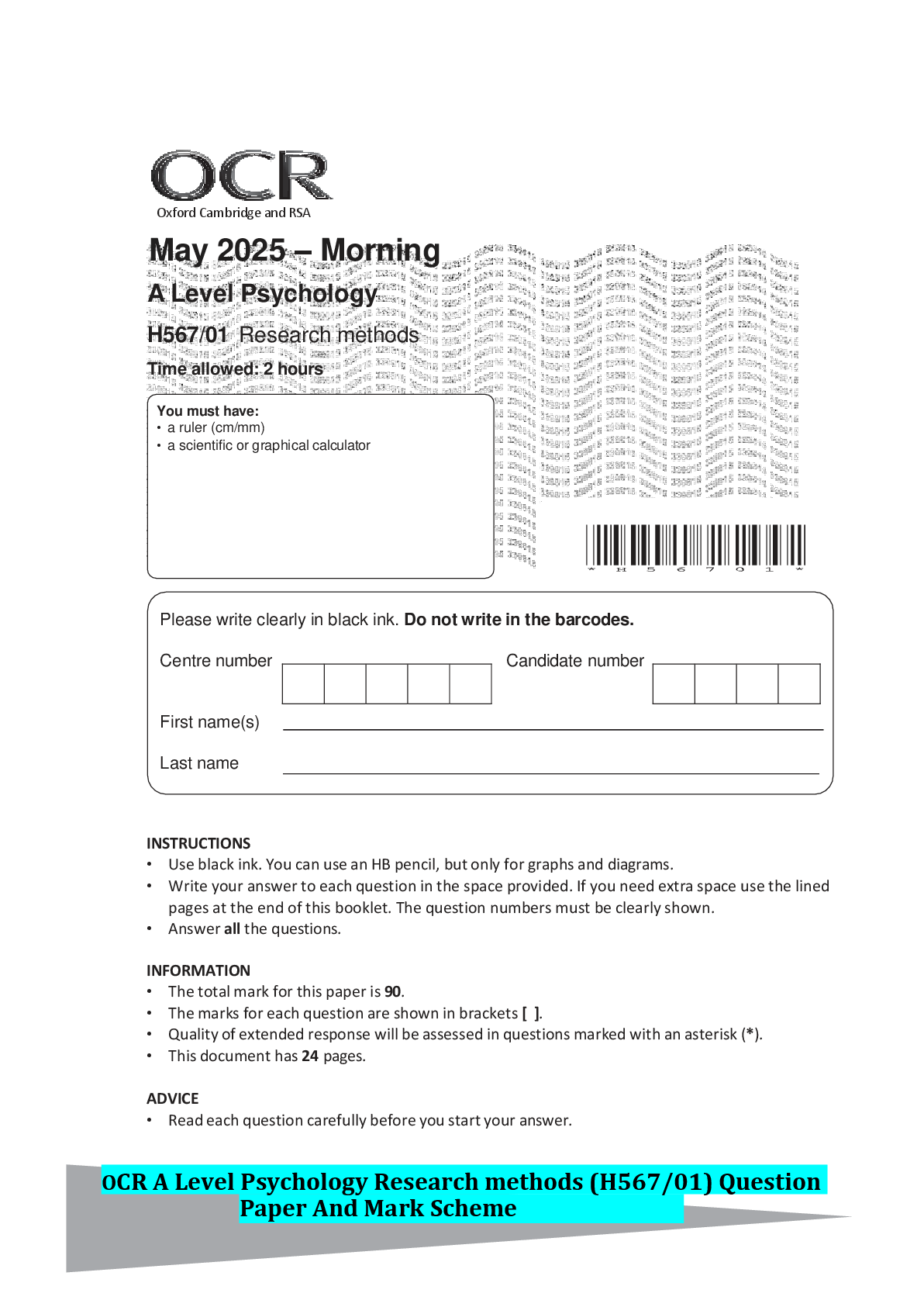 Recommended document preview for OCR A Level Psychology Research methods (H567/01) Question Paper And Mark Scheme