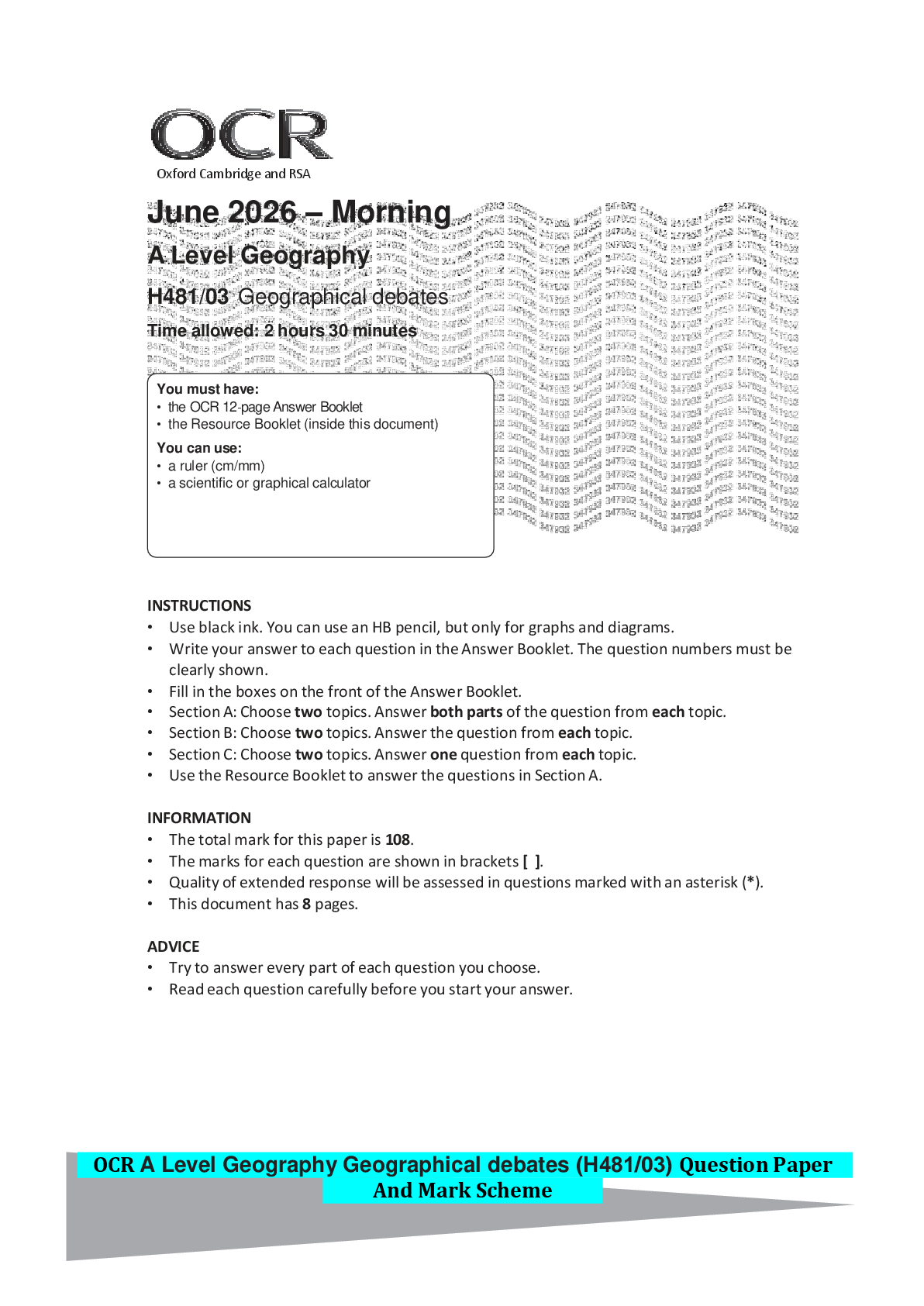 Recommended document preview for OCR A Level Geography Geographical debates (H481/03) Question Paper And Mark Scheme