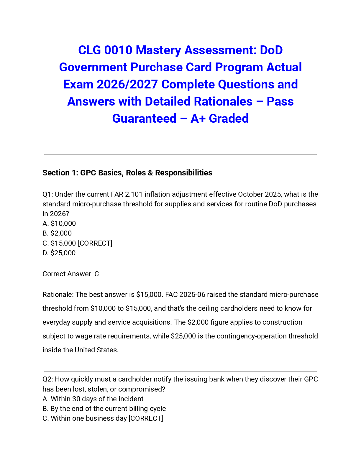 Recommended document preview for CLG 0010 Mastery Assessment: DoD Government Purchase Card Program Actual Exam 2026/2027 Complete Questions and Answers with Detailed Rationales – Pass Guaranteed – A+ Graded