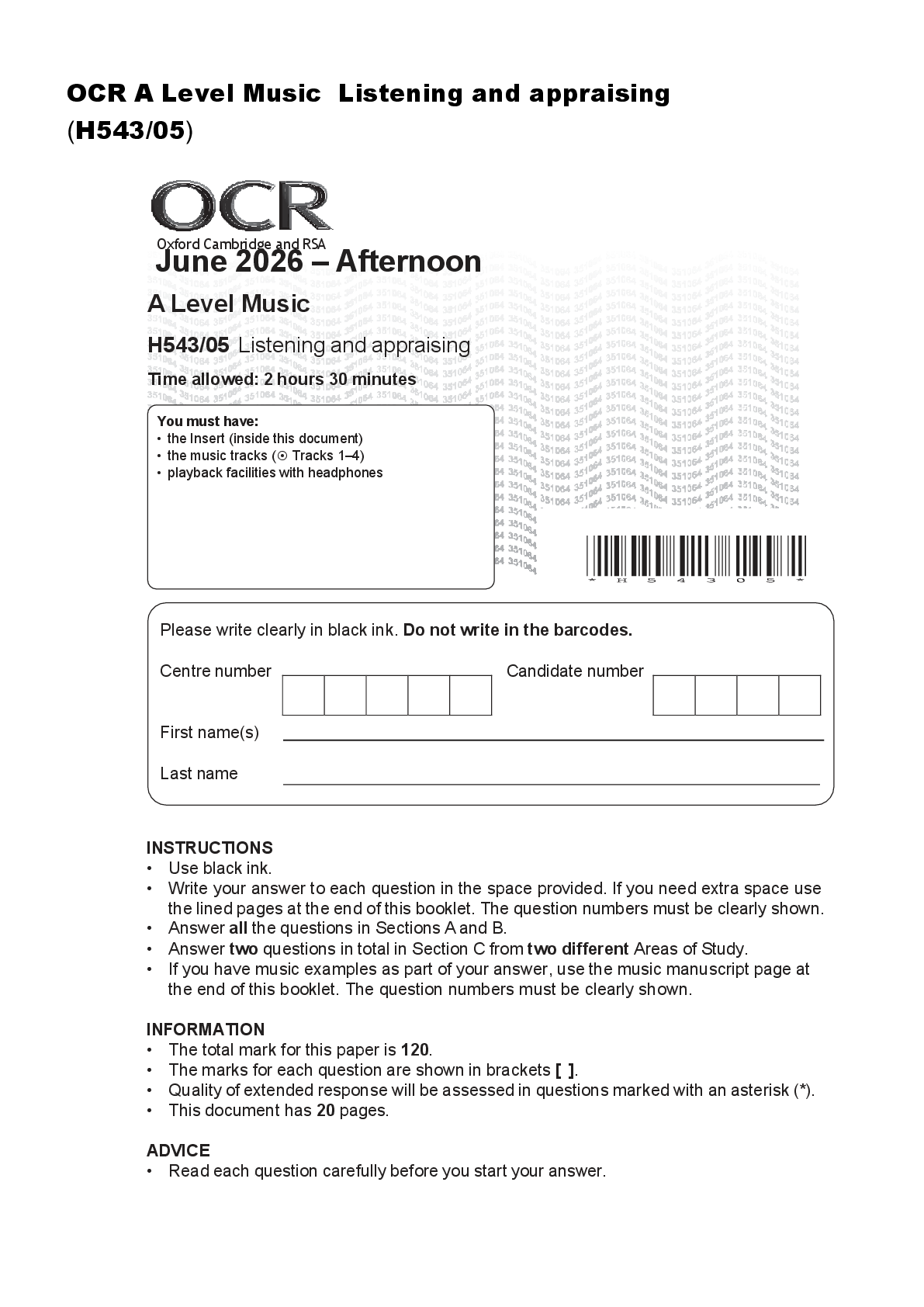 Recommended document preview for OCR A Level Music Listening and appraising (H543/05)