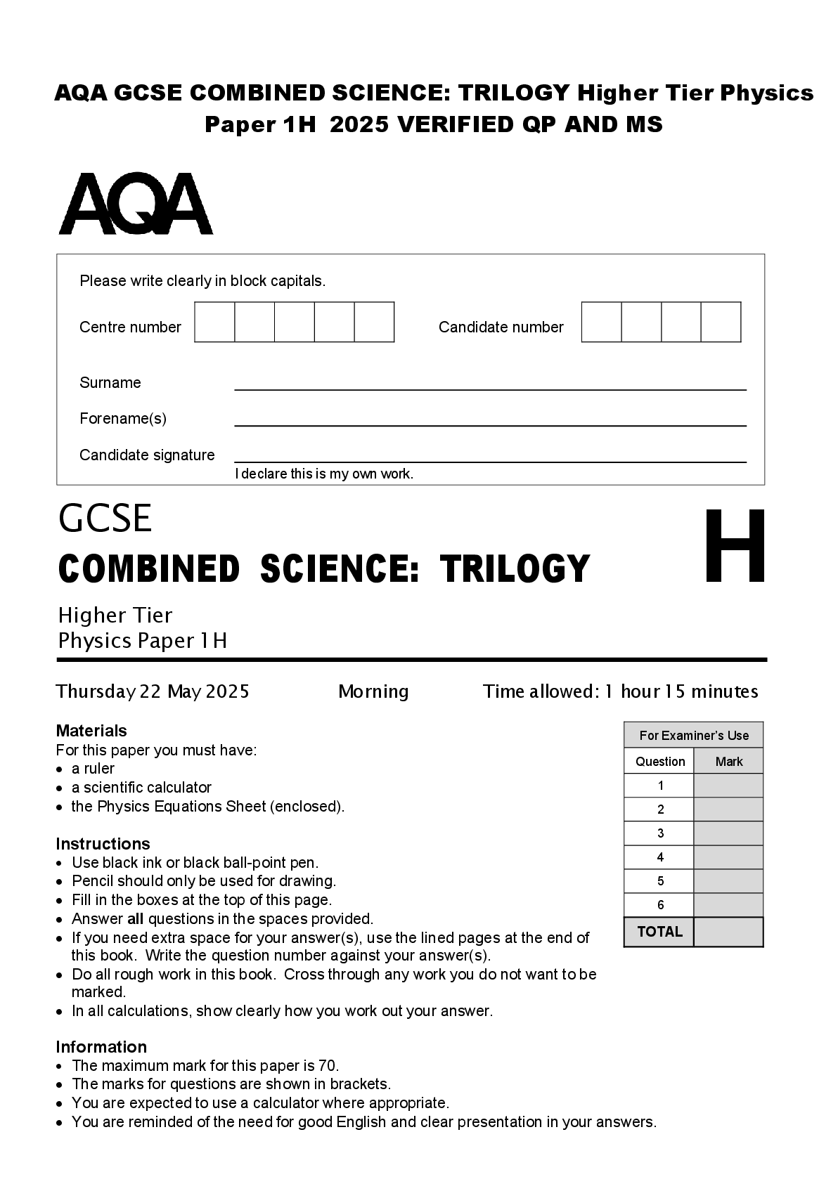 Preview of AQA GCSE COMBINED SCIENCE: TRILOGY Higher Tier Physics  Paper 1H 2025 VERIFIED QP AND MS