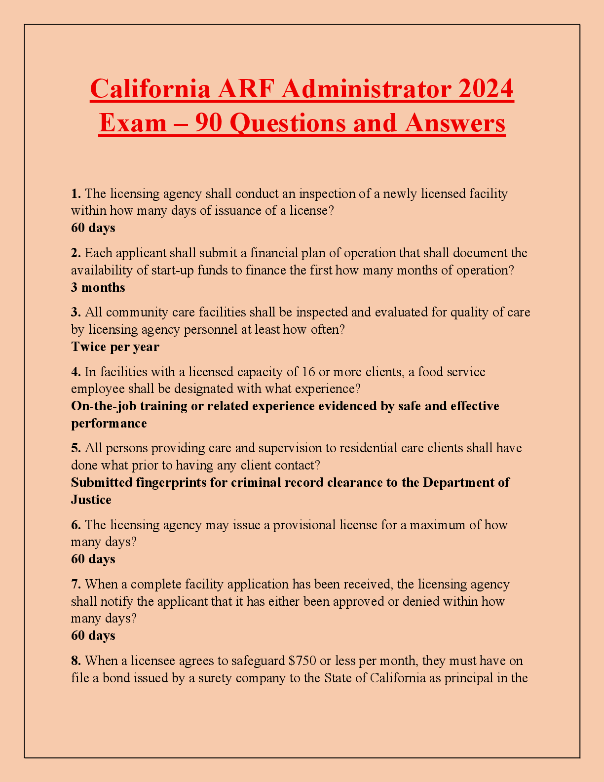 Recommended document preview for California ARF Administrator 2024  Exam – 90 Questions and Answers