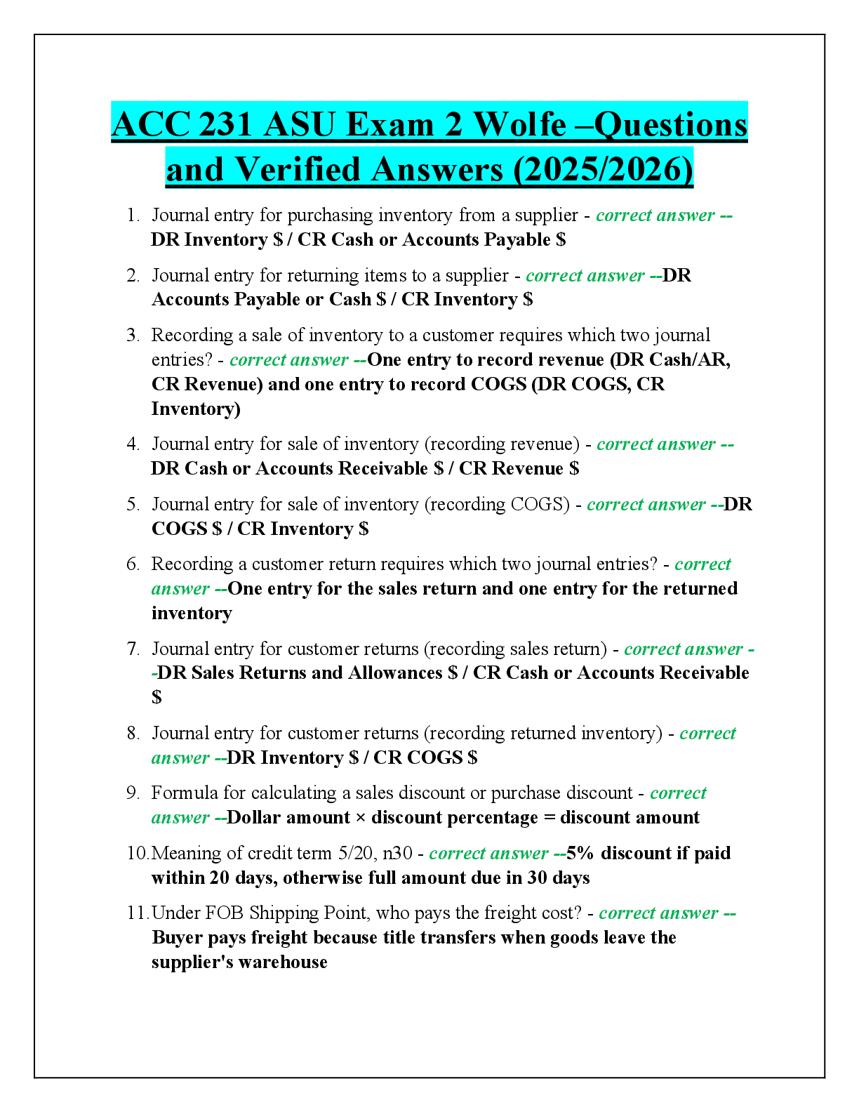 Recommended document preview for ACC 231 ASU Exam 2 Wolfe –Questions  and Verified Answers (2025/2026)