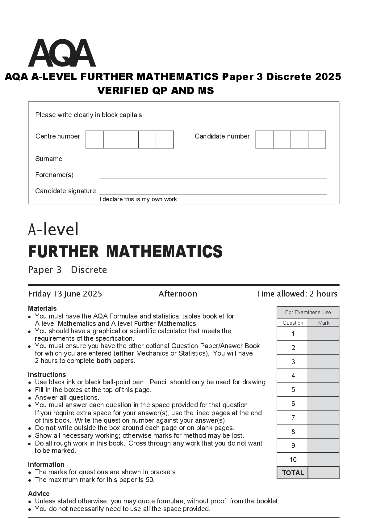 Preview of AQA A-LEVEL FURTHER MATHEMATICS Paper 3 Discrete 2025  VERIFIED QP AND MS