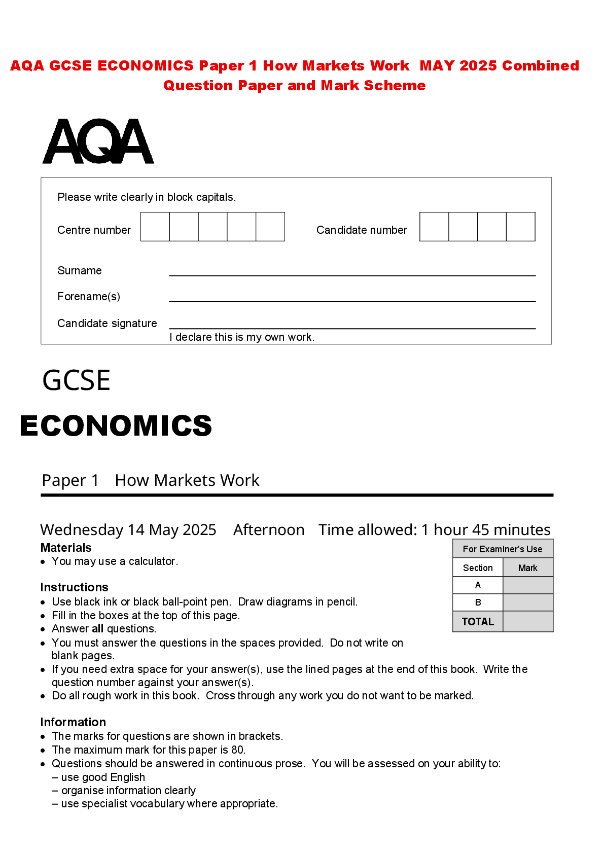 Recommended document preview for AQA GCSE ECONOMICS Paper 1 How Markets Work MAY 2025 Combined Question Paper and Mark Scheme