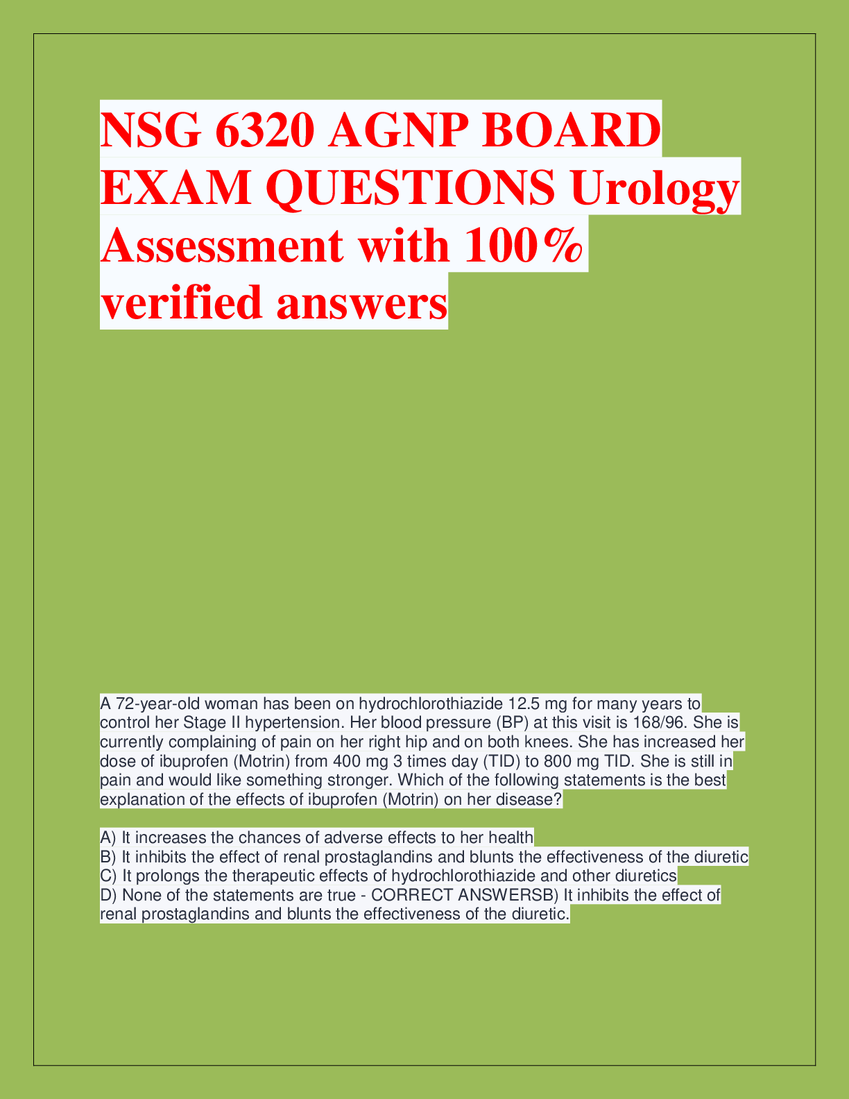 Recommended document preview for NSG 6320 AGNP BOARD  EXAM QUESTIONS Urology  Assessment with 100%  verified answers