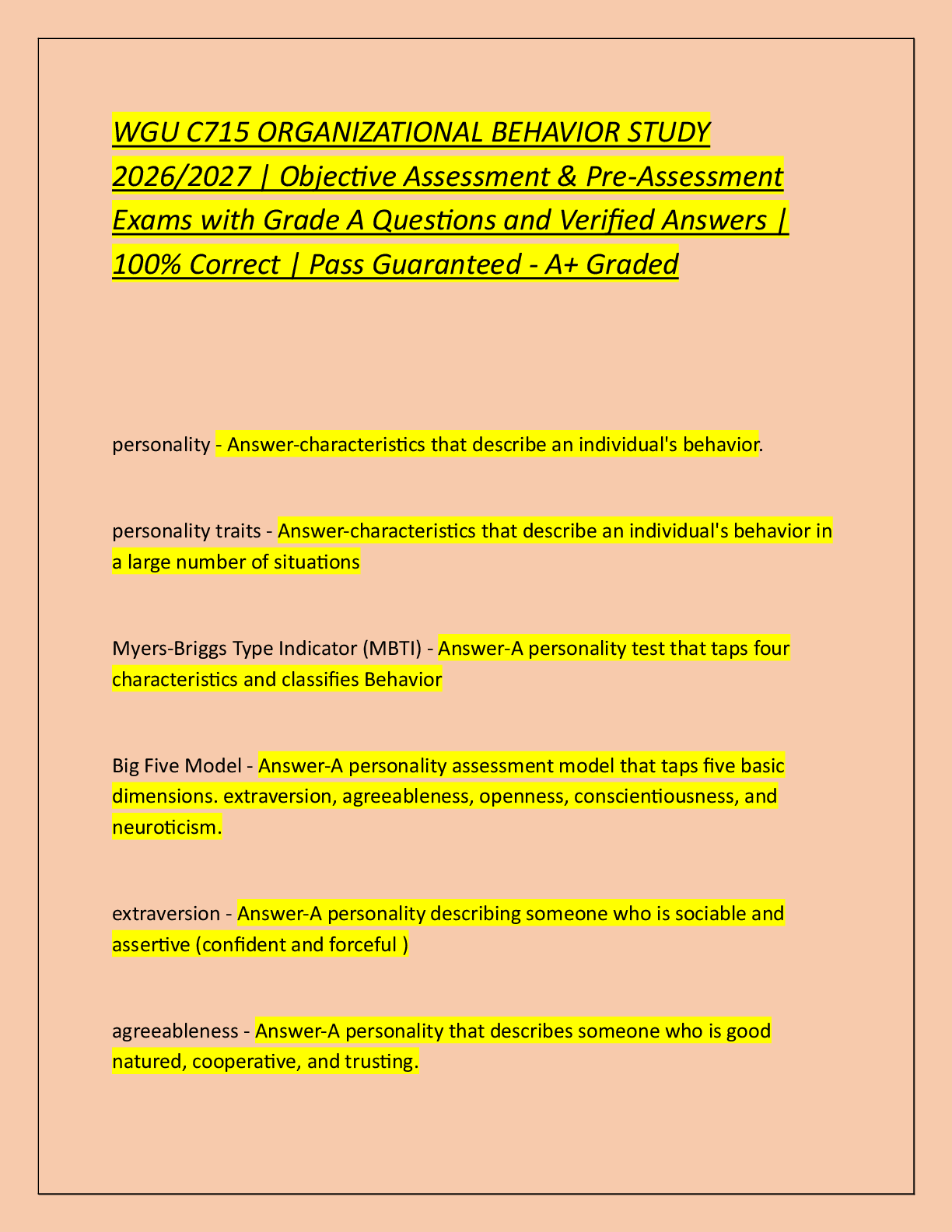 Recommended document preview for WGU C715 ORGANIZATIONAL BEHAVIOR STUDY  2026/2027 | Objective Assessment & Pre-Assessment  Exams with Grade A Questions and Verified Answers |  100% Correct | Pass Guaranteed - A+ Graded