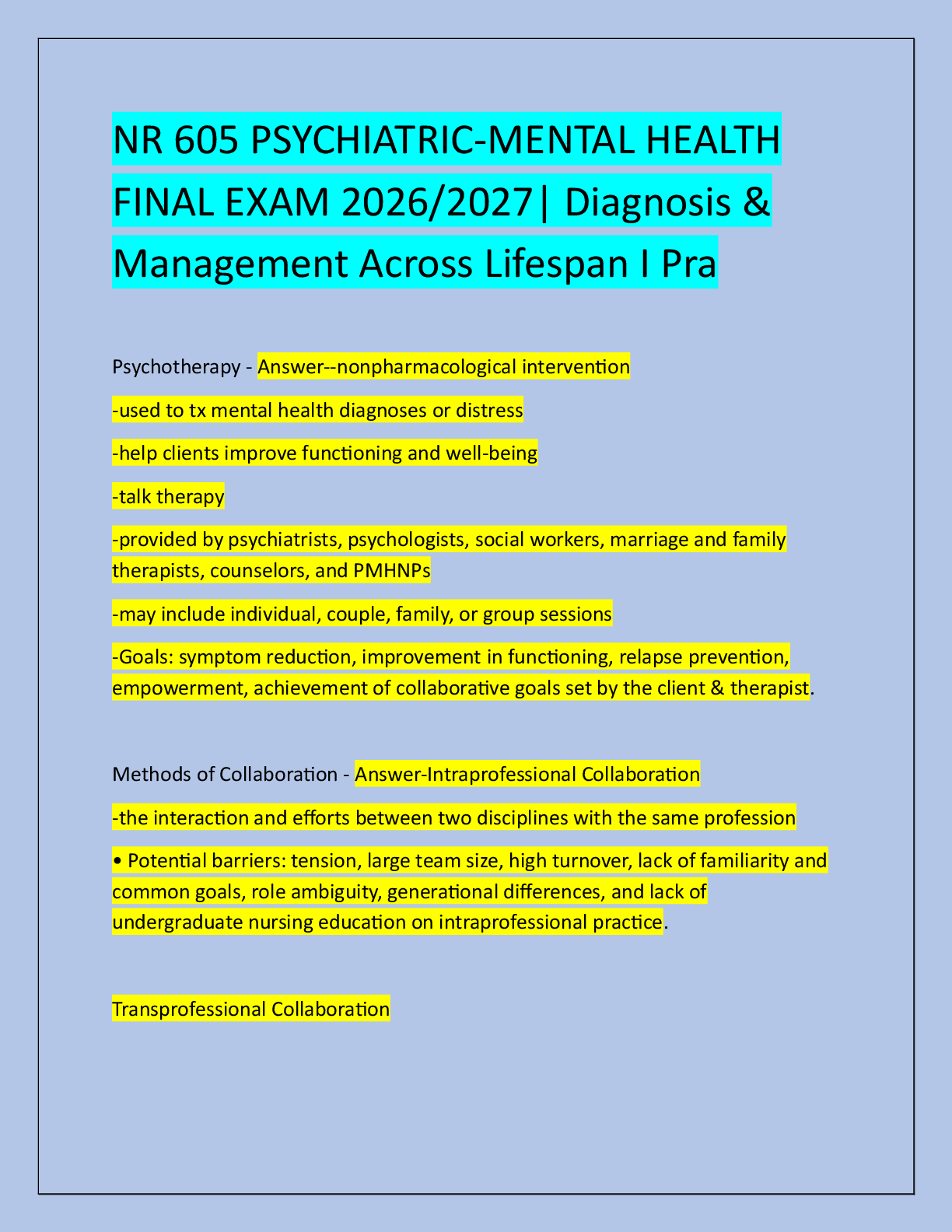 Recommended document preview for NR 605 PSYCHIATRIC-MENTAL HEALTH  FINAL EXAM 2026/2027| Diagnosis &  Management Across Lifespan I Pra