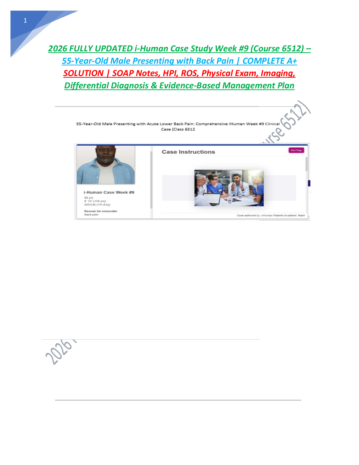 Preview of 2026 FULLY UPDATED i-Human Case Study Week #9 (Course 6512) – 55-Year-Old Male Presenting