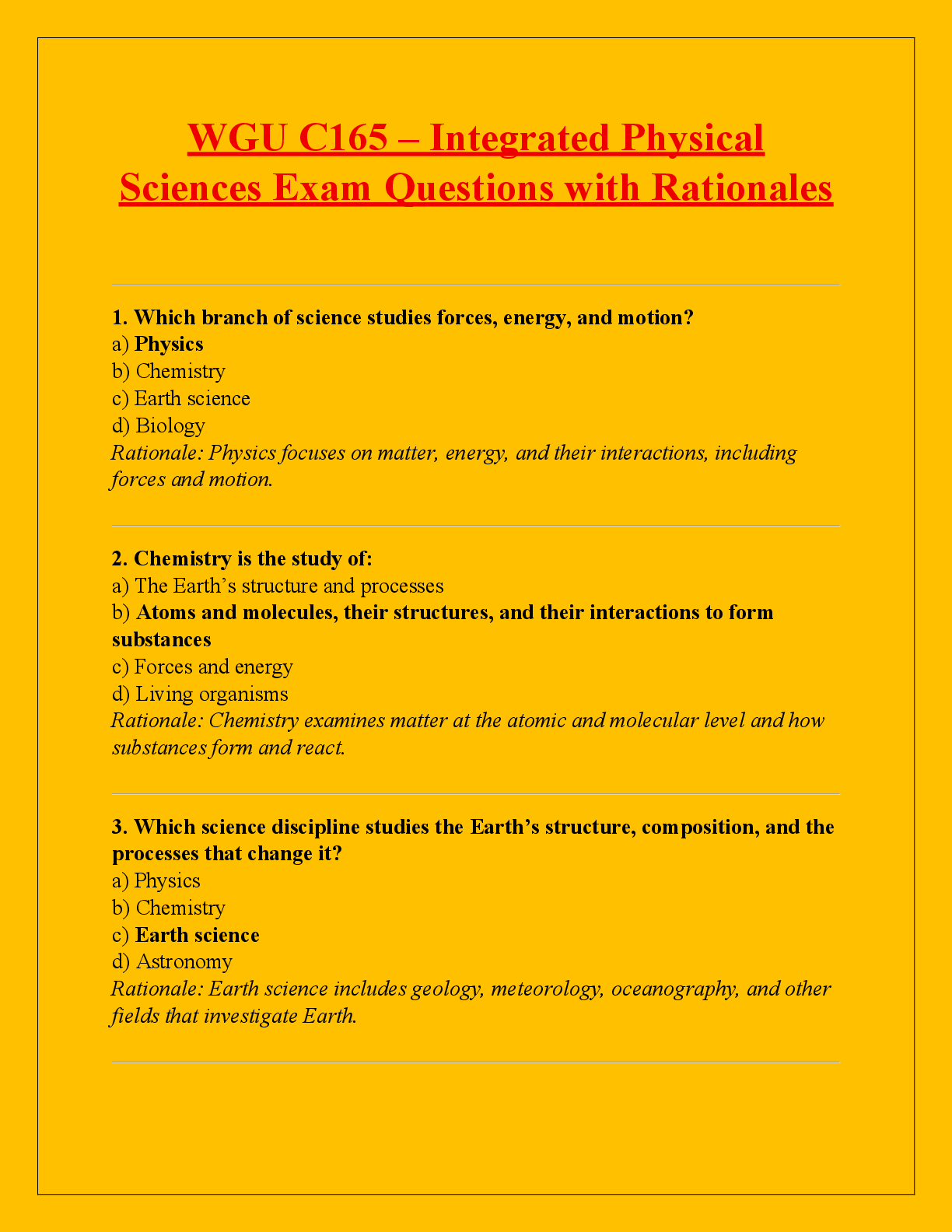 Preview of WGU C165 – Integrated Physical  Sciences Exam Questions with Rationales