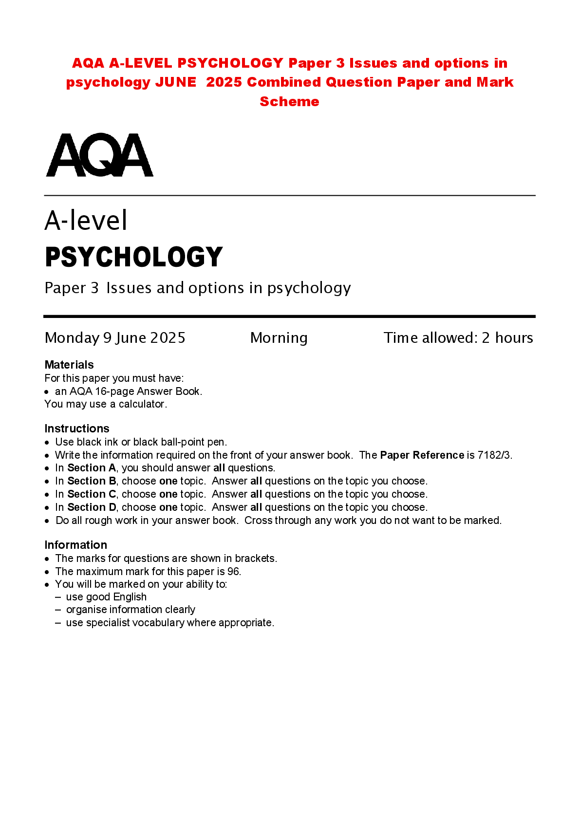 Recommended document preview for AQA A-LEVEL PSYCHOLOGY Paper 3 Issues and options in psychology JUNE 2025 Combined Question Paper and Mark Scheme