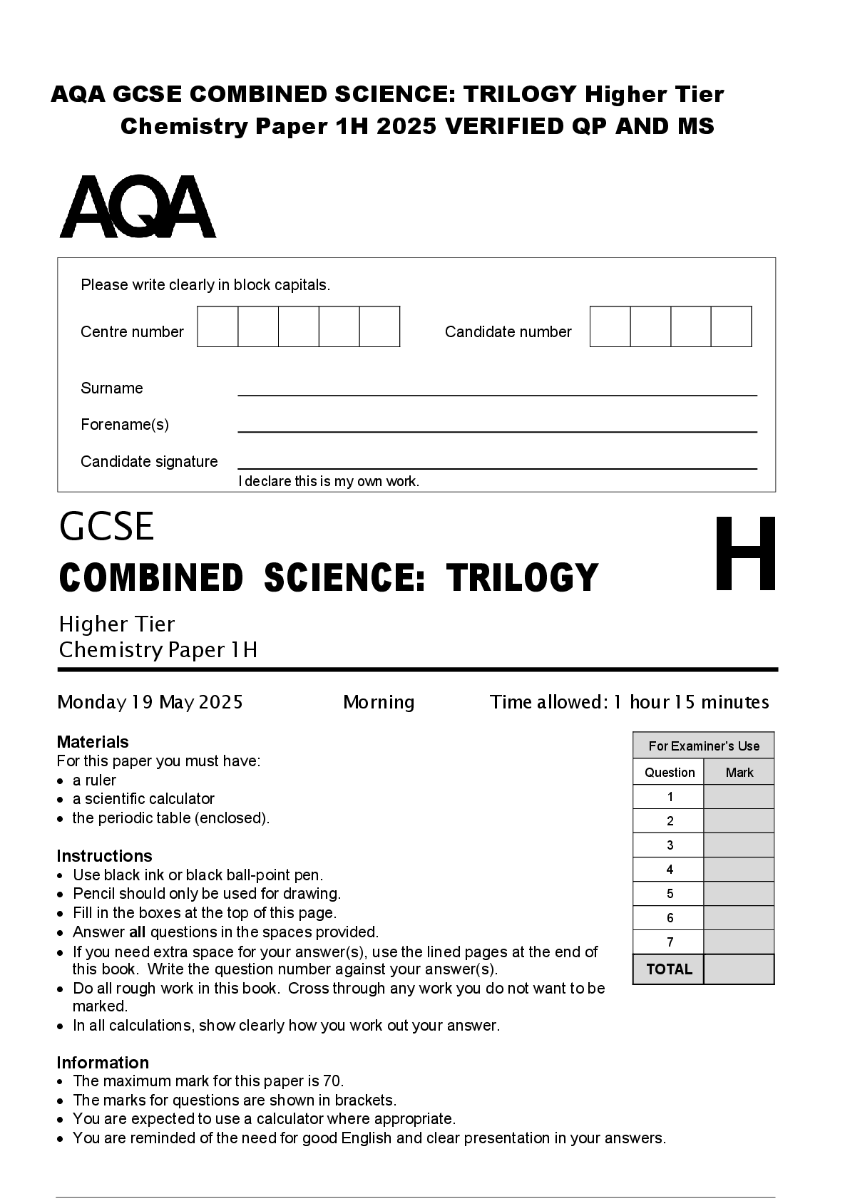 Preview of AQA GCSE COMBINED SCIENCE: TRILOGY Higher Tier  Chemistry Paper 1H 2025 VERIFIED QP AND MS