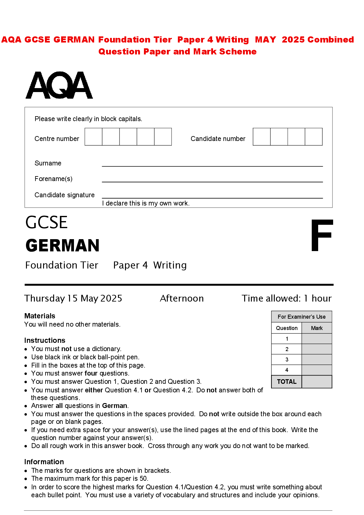 Recommended document preview for AQA GCSE GERMAN Foundation Tier Paper 4 Writing MAY 2025 Combined Question Paper and Mark Scheme