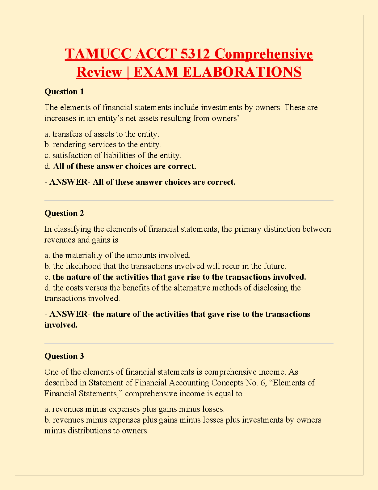 Recommended document preview for TAMUCC ACCT 5312 Comprehensive  Review | EXAM ELABORATIONS