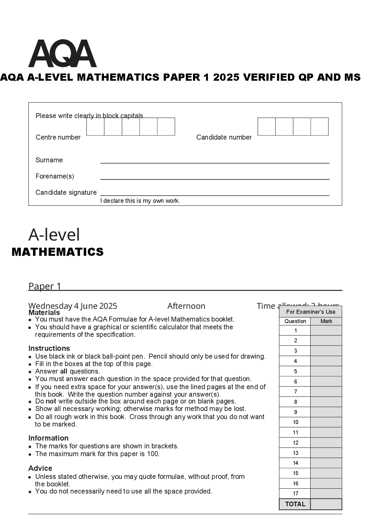 Preview of AQA A-LEVEL MATHEMATICS PAPER 1 2025 VERIFIED QP AND MS