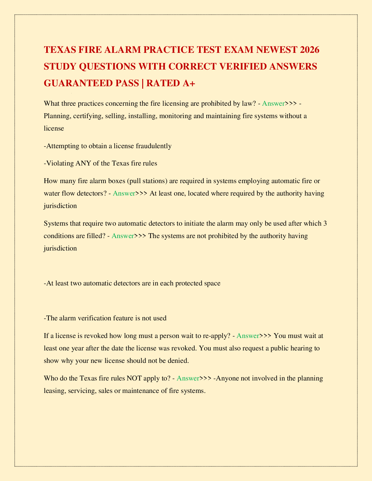Recommended document preview for TEXAS FIRE ALARM PRACTICE TEST EXAM NEWEST 2026 STUDY QUESTIONS WITH CORRECT VERIFIED ANSWERS GUARANTEED PASS | RATED A+