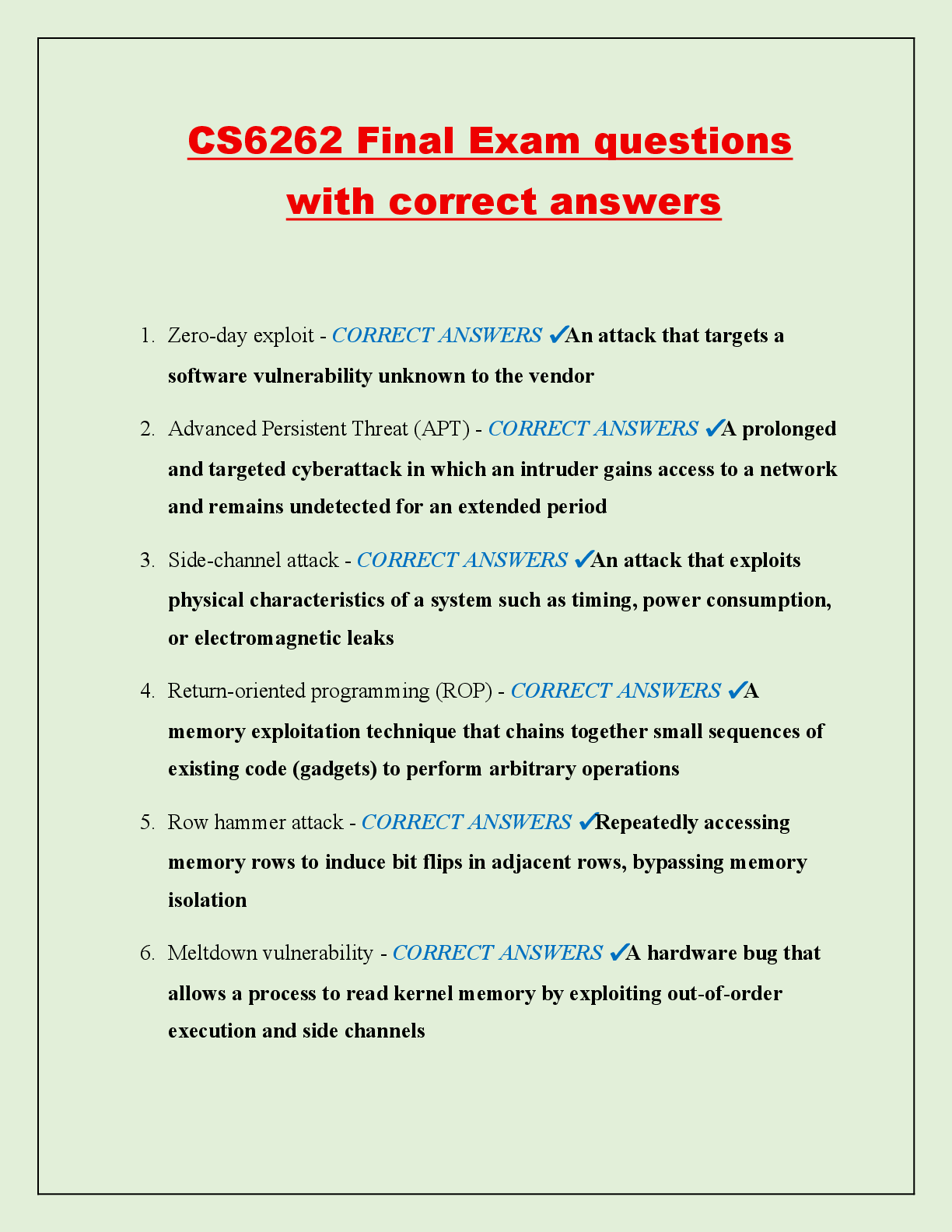 Recommended document preview for CS6262 Final Exam questions  with correct answers