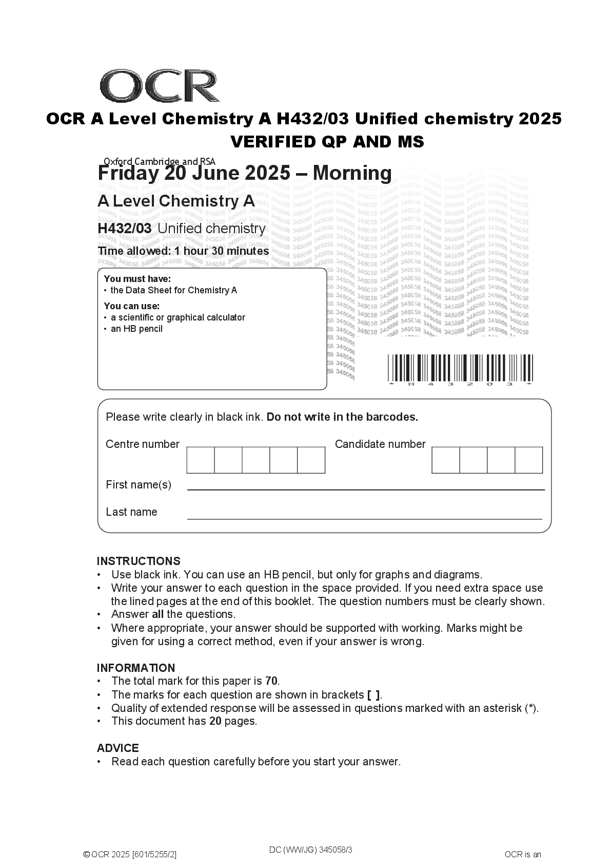 Preview of OCR A Level Chemistry A H432/03 Unified chemistry 2025  VERIFIED QP AND MS