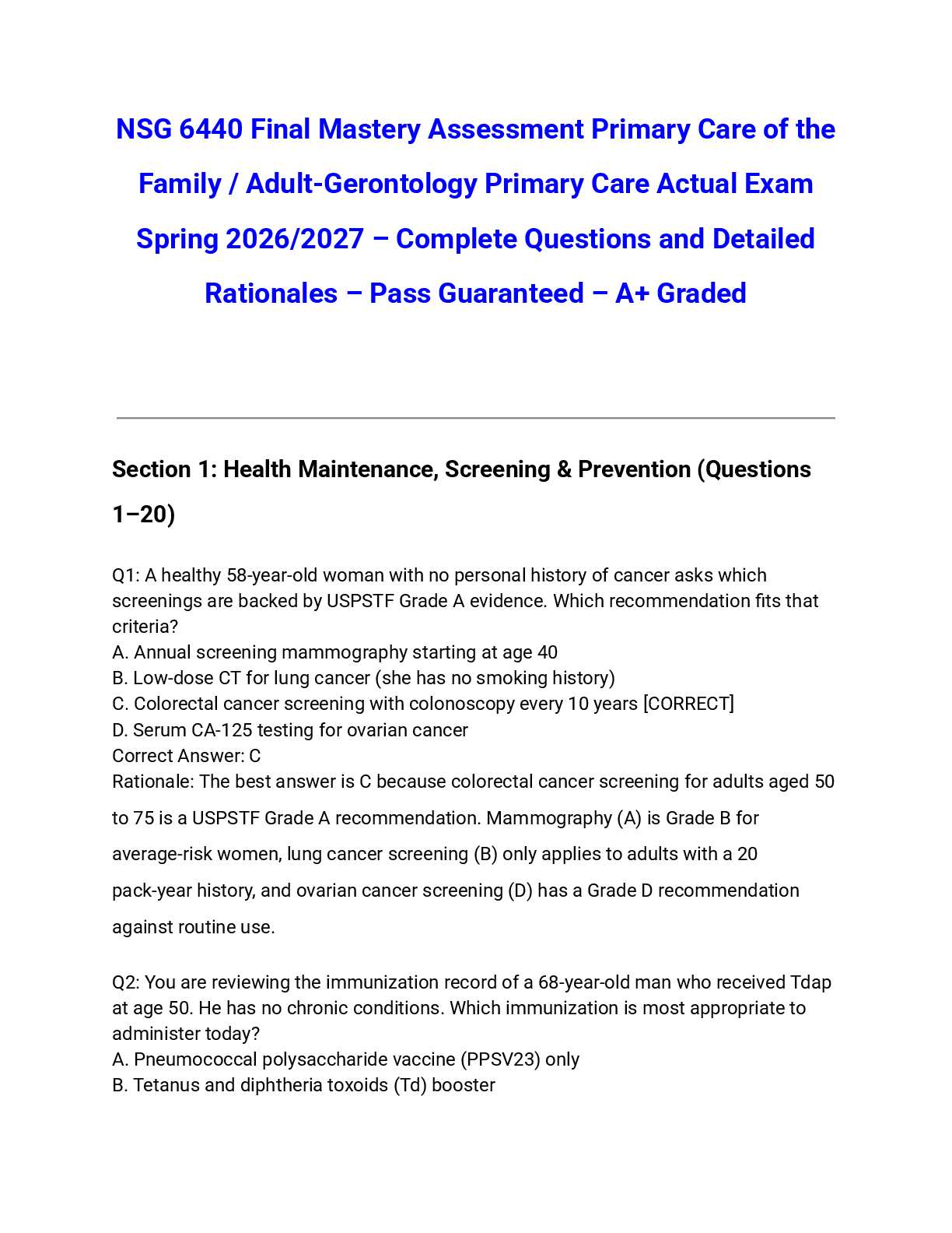 Preview of NSG 6440 Final Mastery Assessment Primary Care of the Family / Adult-Gerontology Primary Care Actual Exam Spring 2026/2027 – Complete Questions and Detailed Rationales – Pass Guaranteed – A+ Graded
