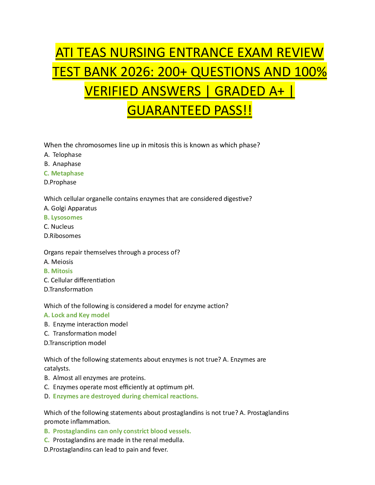 Preview of ATI TEAS 7 Nursing Entrance Exam Review Test Bank 2026: 200+ Practice Questions with 100% Verified Answers & Explanations | Science (Anatomy, Physiology, Biology, Chemistry), Math, English & Reading | Guaranteed A+ Pass | NUR 101