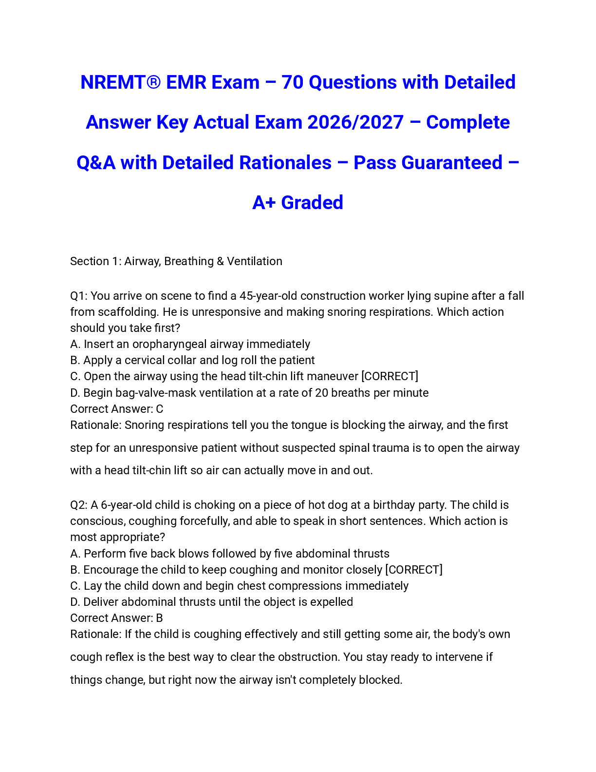 Recommended document preview for NREMT® EMR Exam – 70 Questions with Detailed Answer Key Actual Exam 2026/2027 – Complete Q&A with Detailed Rationales – Pass Guaranteed – A+ Graded