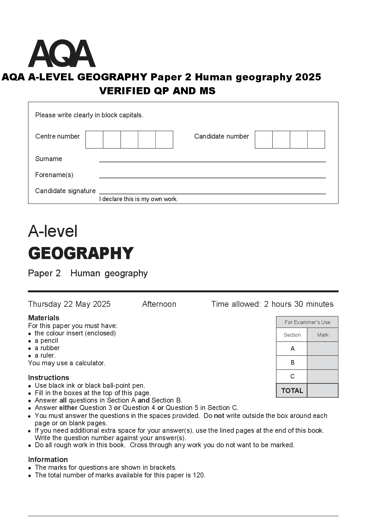 Preview of AQA A-LEVEL GEOGRAPHY Paper 2 Human geography 2025  VERIFIED QP AND MS
