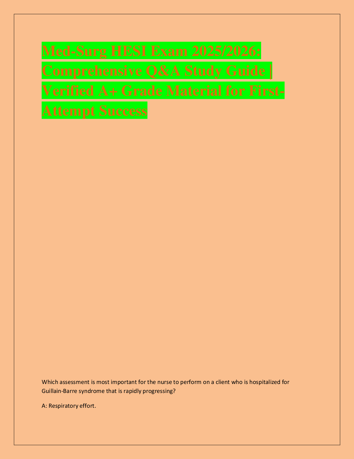 Recommended document preview for Med-Surg HESI Exam 2025/2026:  Comprehensive Q&A Study Guide |  Verified A+ Grade Material for FirstAttempt Success