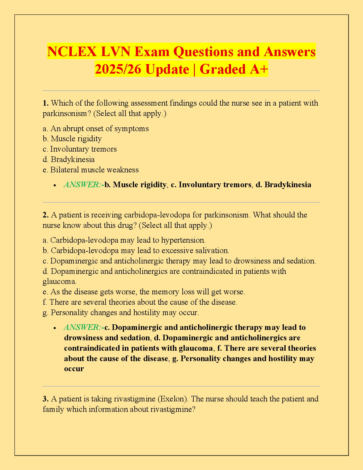 Preview of NCLEX LVN Exam Questions and Answers  2025/26 Update | Graded A+