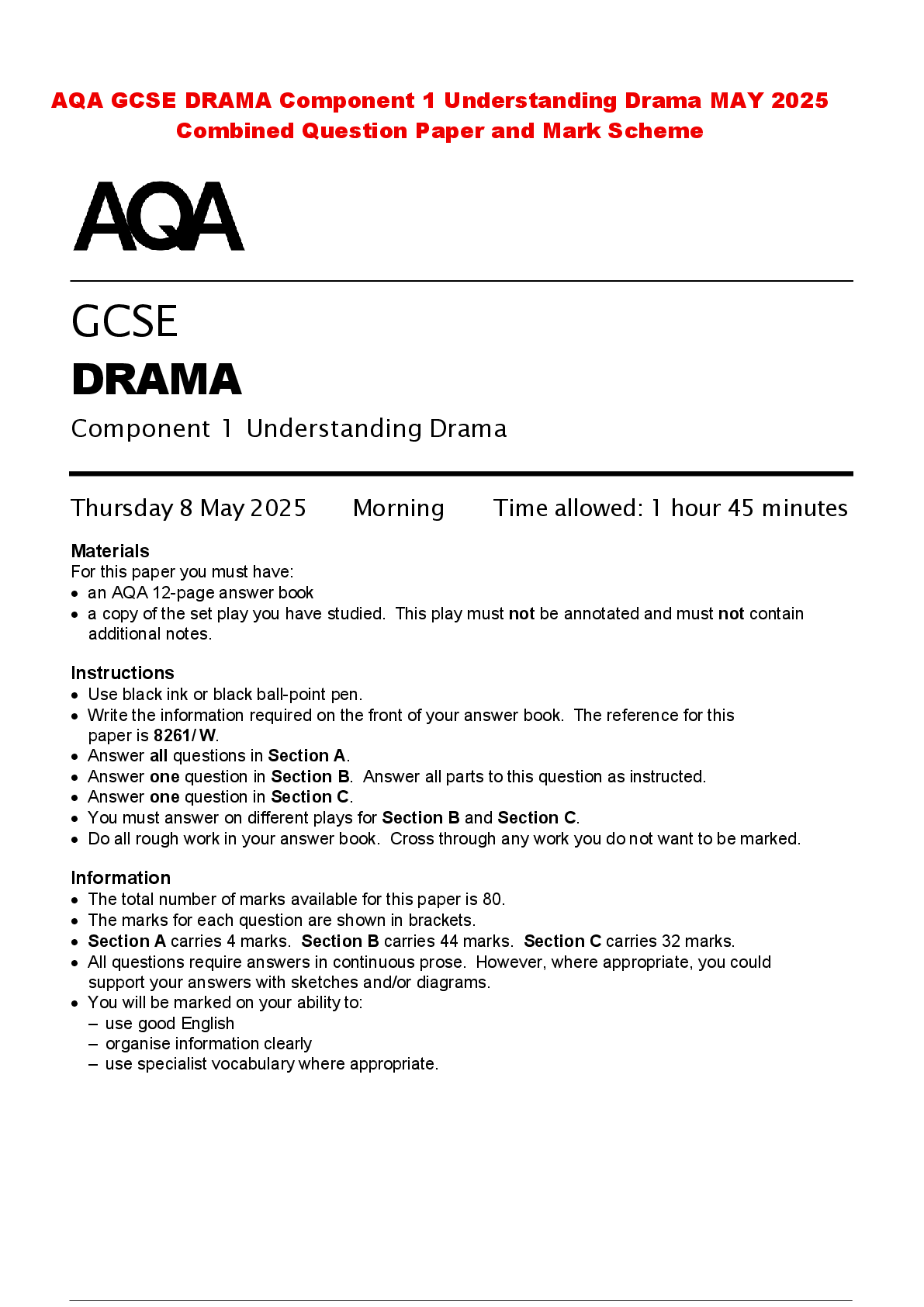 Recommended document preview for AQA GCSE DRAMA Component 1 Understanding Drama MAY 2025 Combined Question Paper and Mark Scheme