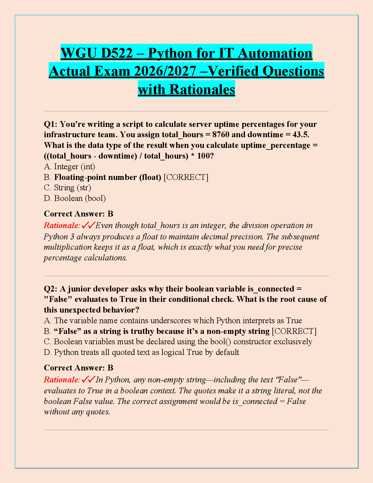Preview of WGU D522 – Python for IT Automation  Actual Exam 2026/2027 –Verified Questions  with Rationales