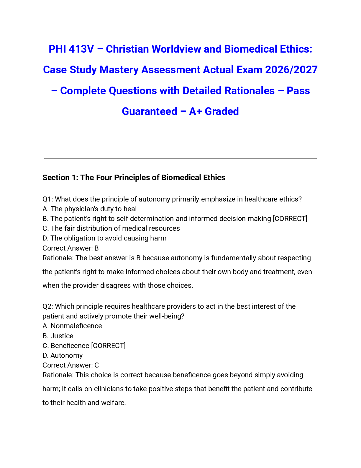 Preview of PHI 413V – Christian Worldview and Biomedical Ethics: Case Study Mastery Assessment Actual Exam 2026/2027 – Complete Questions with Detailed Rationales – Pass Guaranteed – A+ Graded