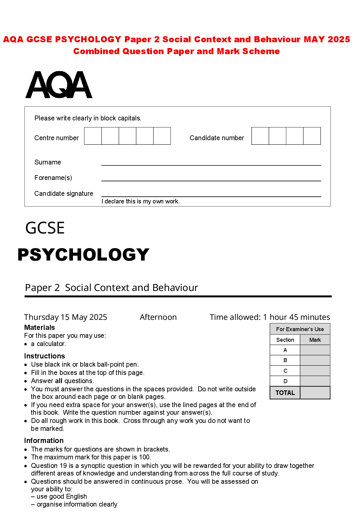 Recommended document preview for AQA GCSE PSYCHOLOGY Paper 2 Social Context and Behaviour MAY 2025 Combined Question Paper and Mark Scheme