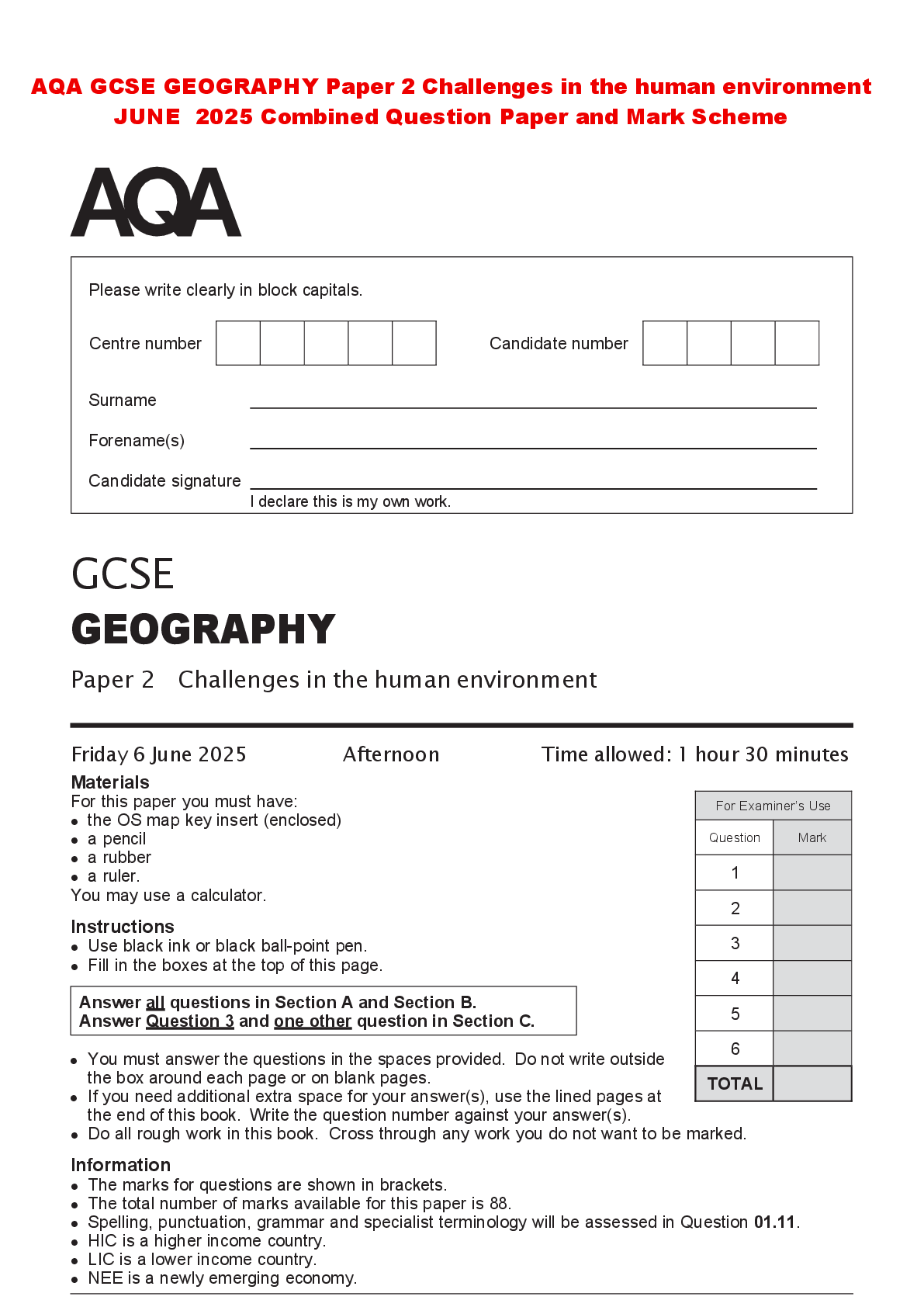 Recommended document preview for AQA GCSE GEOGRAPHY Paper 2 Challenges in the human environment JUNE 2025 Combined Question Paper and Mark Scheme