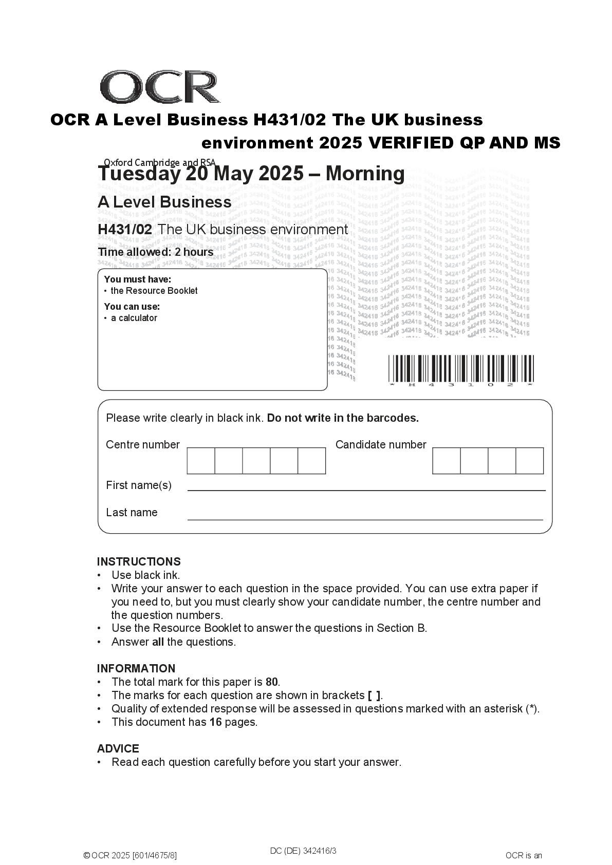 Preview of OCR A Level Business H431/02 The UK business  environment 2025 VERIFIED QP AND MS