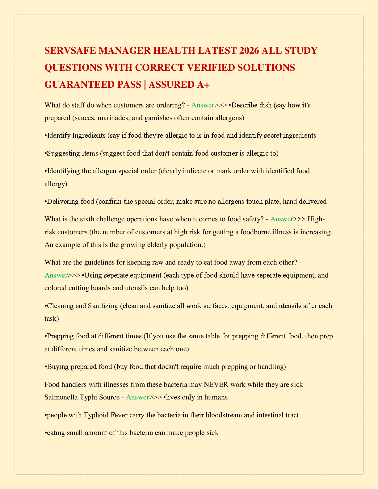 Recommended document preview for SERVSAFE MANAGER HEALTH LATEST 2026 ALL STUDY QUESTIONS WITH CORRECT VERIFIED SOLUTIONS GUARANTEED PASS | ASSURED A+