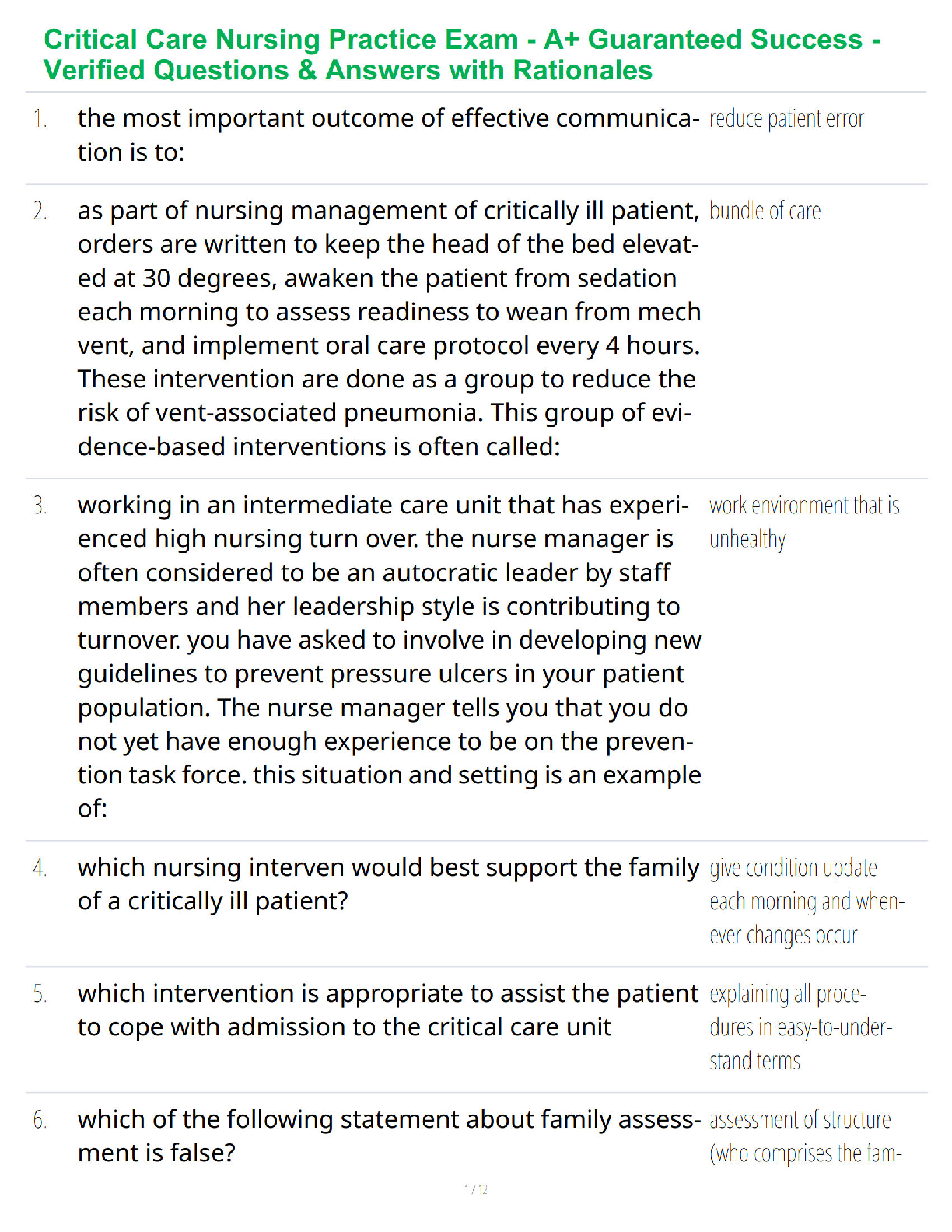 Recommended document preview for Critical Care Nursing Practice Exam - A+ Guaranteed Success - Verified Questions & Answers with Rationales