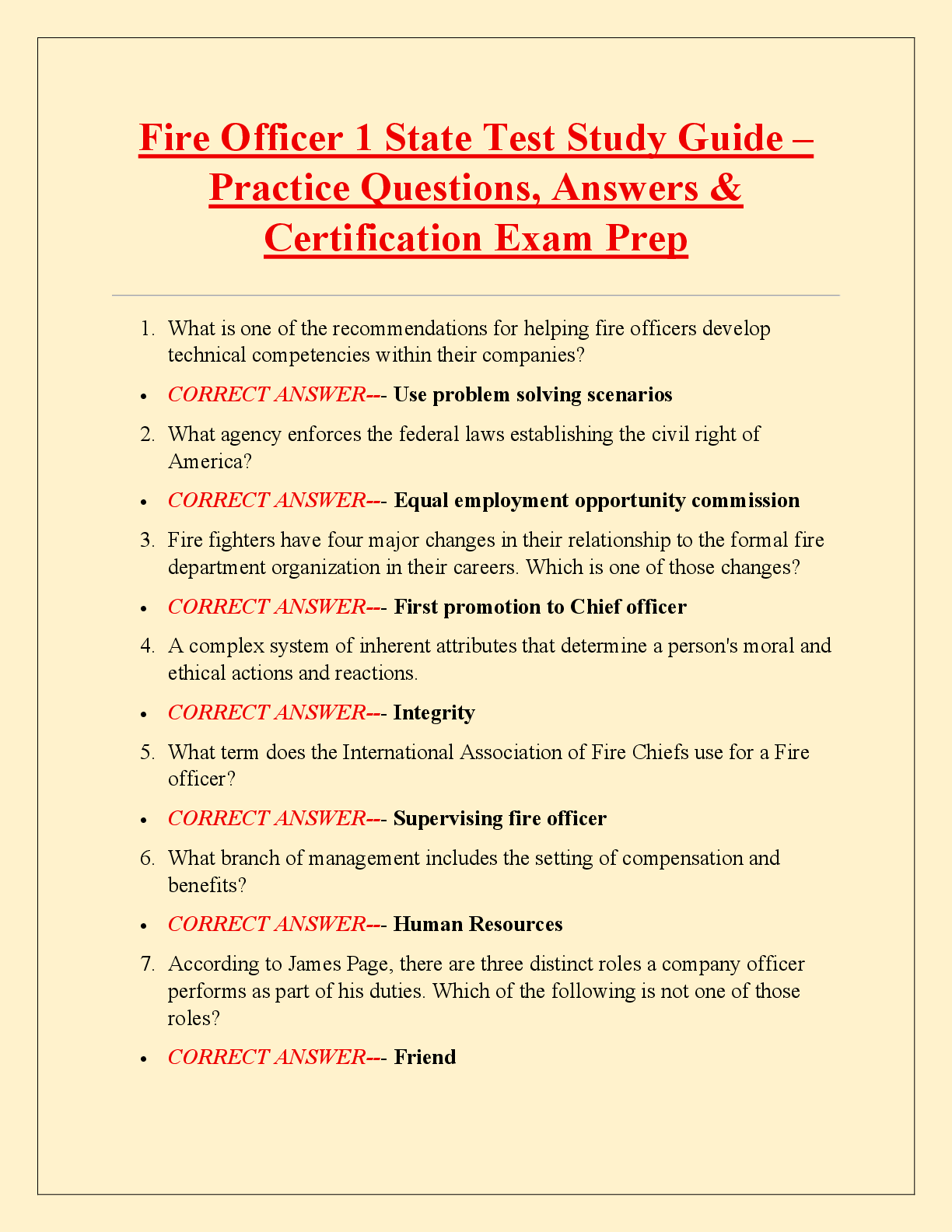 Recommended document preview for Fire Officer 1 State Test Study Guide –  Practice Questions, Answers &  Certification Exam Prep