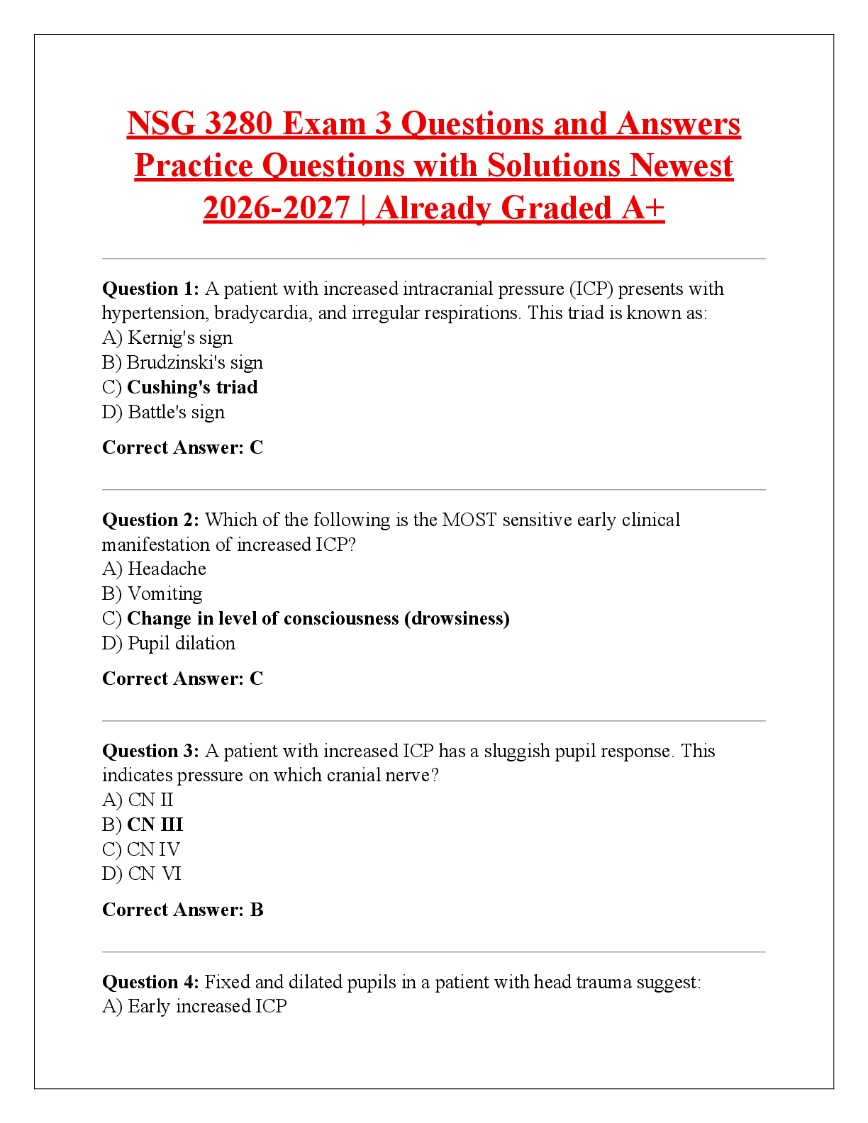 Recommended document preview for NSG 3280 Exam 3 Questions and Answers  Practice Questions with Solutions Newest  2026-2027 | Already Graded A+