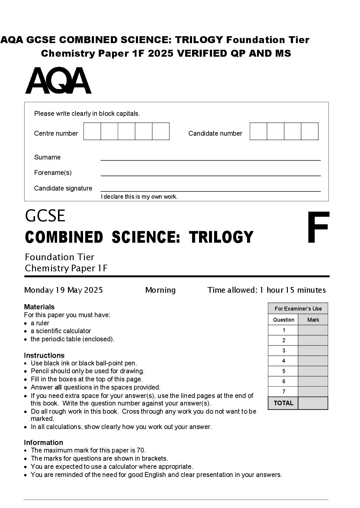 Preview of AQA GCSE COMBINED SCIENCE: TRILOGY Foundation Tier  Chemistry Paper 1F 2025 VERIFIED QP AN