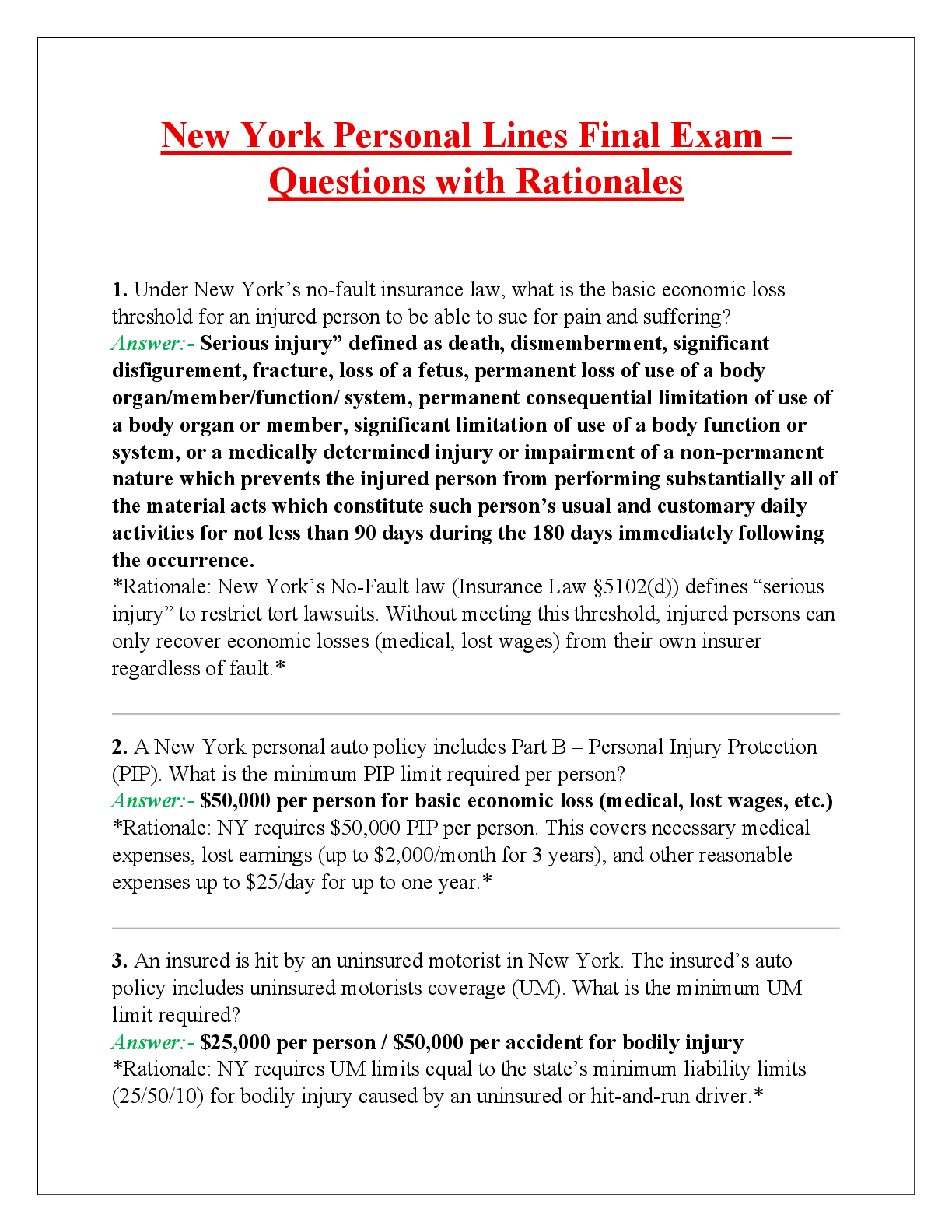 Preview of New York Personal Lines Final Exam –   Questions with Rationales