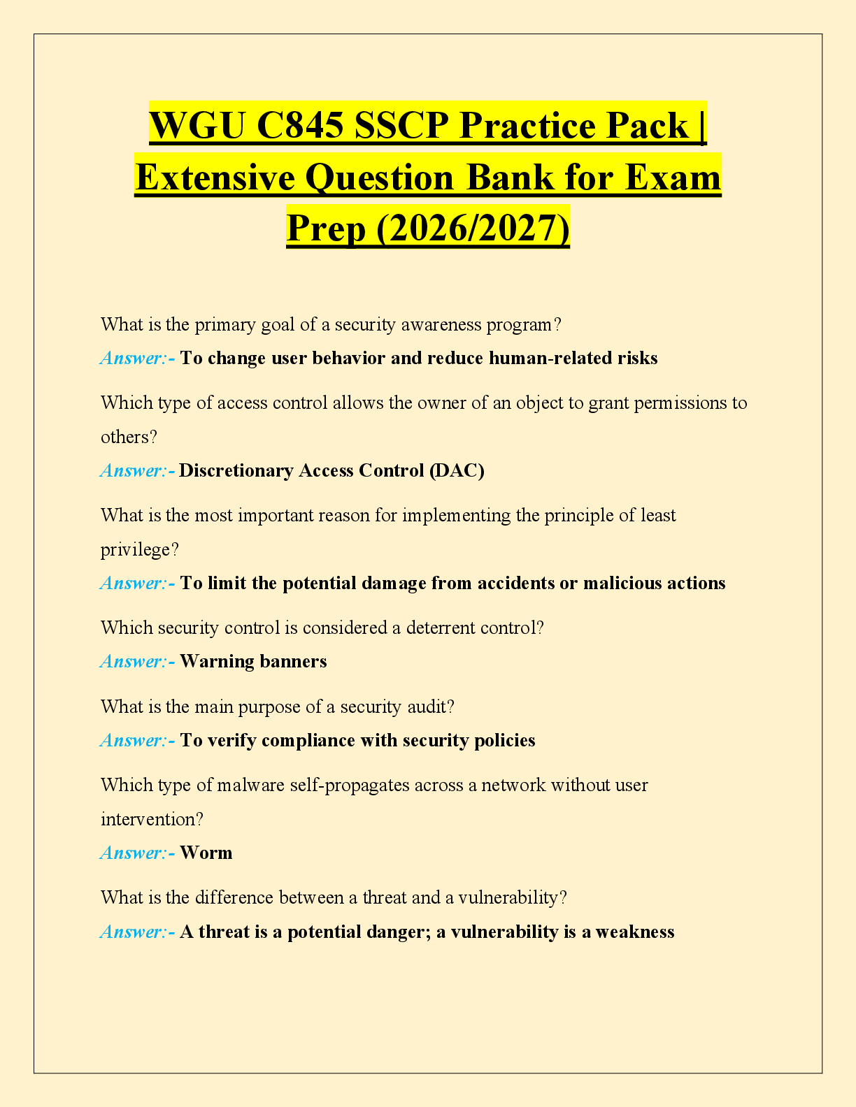 Preview of WGU C845 SSCP Practice Pack |  Extensive Question Bank for Exam  Prep (2026/2027)
