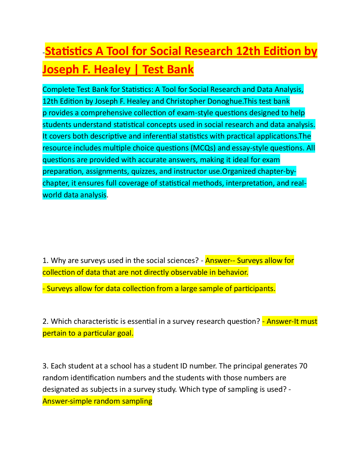 Recommended document preview for -Statistics A Tool for Social Research 12th Edition by  Joseph F. Healey | Test Bank