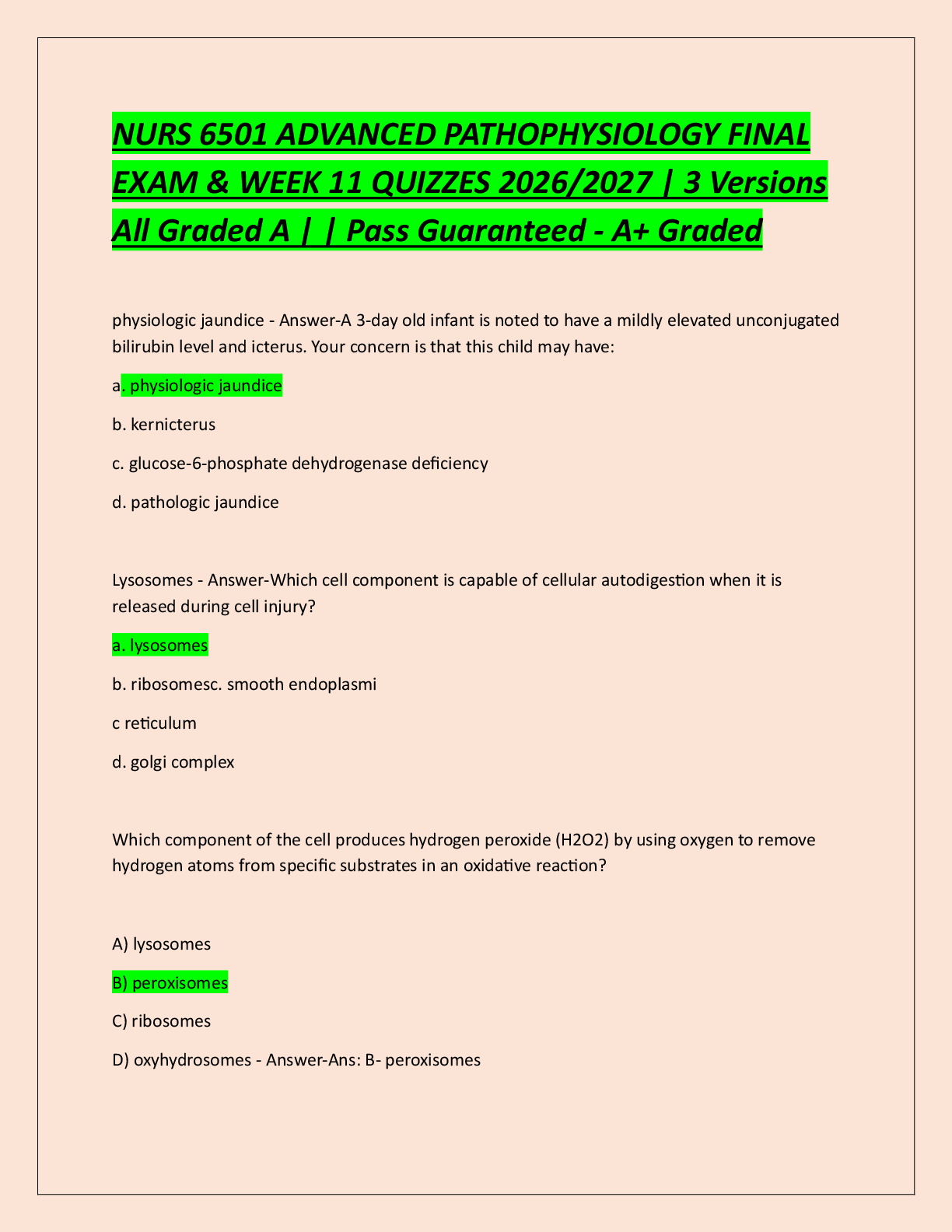 Recommended document preview for NURS 6501 ADVANCED PATHOPHYSIOLOGY FINAL  EXAM & WEEK 11 QUIZZES 2026/2027 | 3 Versions  All Graded A | | Pass Guaranteed - A+ Graded